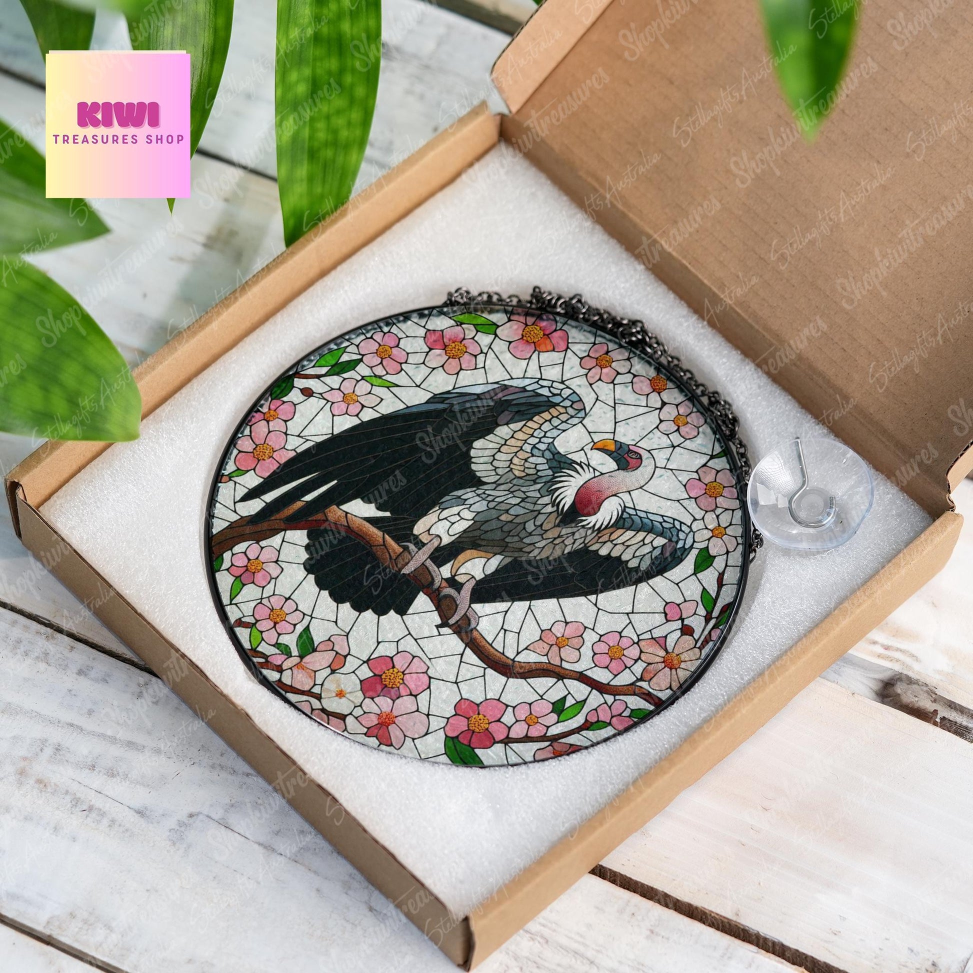 Vulture bird and cherry blossom GLASS Suncatcher, Vulture bird Suncatcher Ornament, Christmas Gift, Housewarming gift, cherry blossom glass