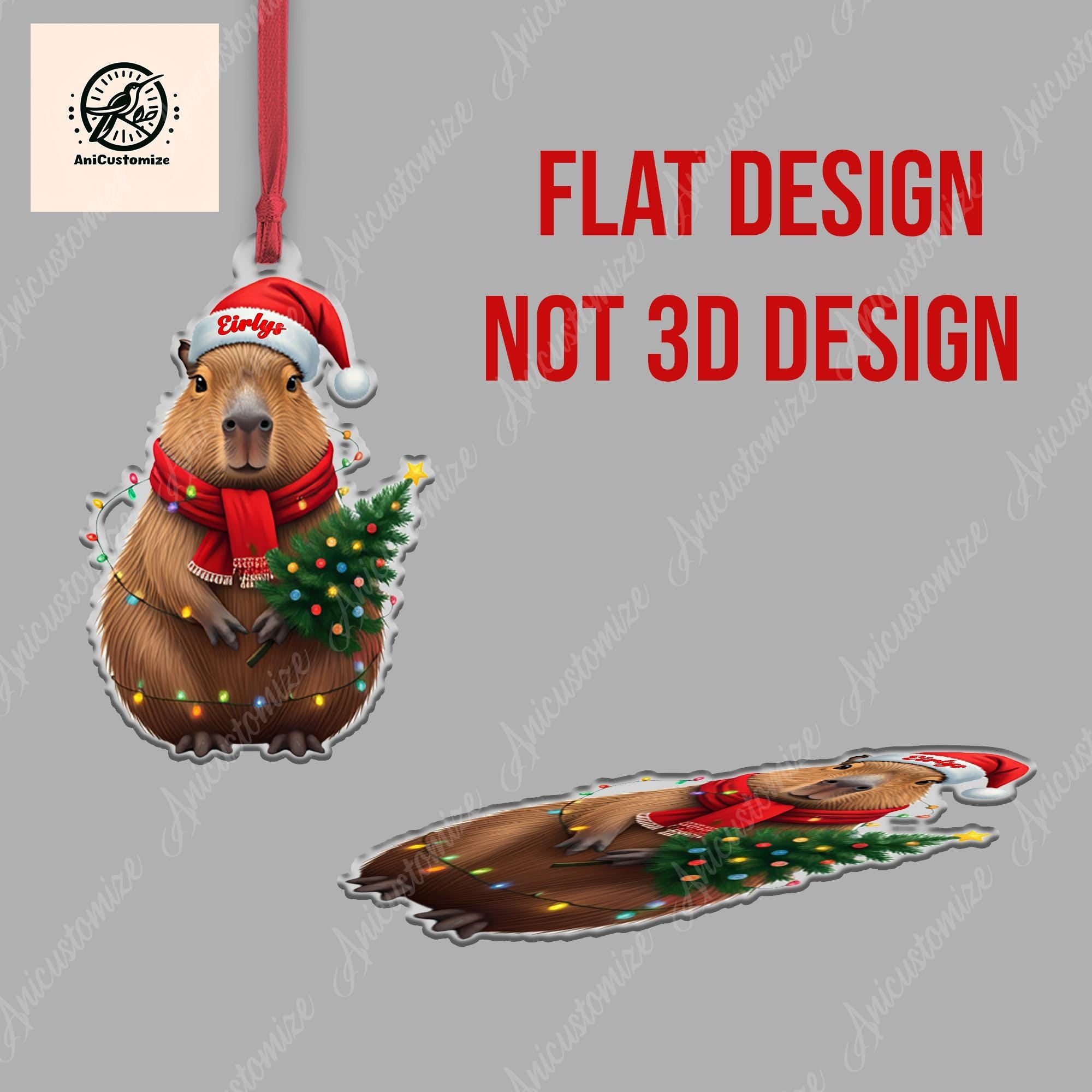 Custom Festive 2D FLAT Capybara Christmas Ornament Decor,Capybara Lover Decor,Xmas Animal Decor, Animal Lover Gift,Capybara Decor Xmas Decor