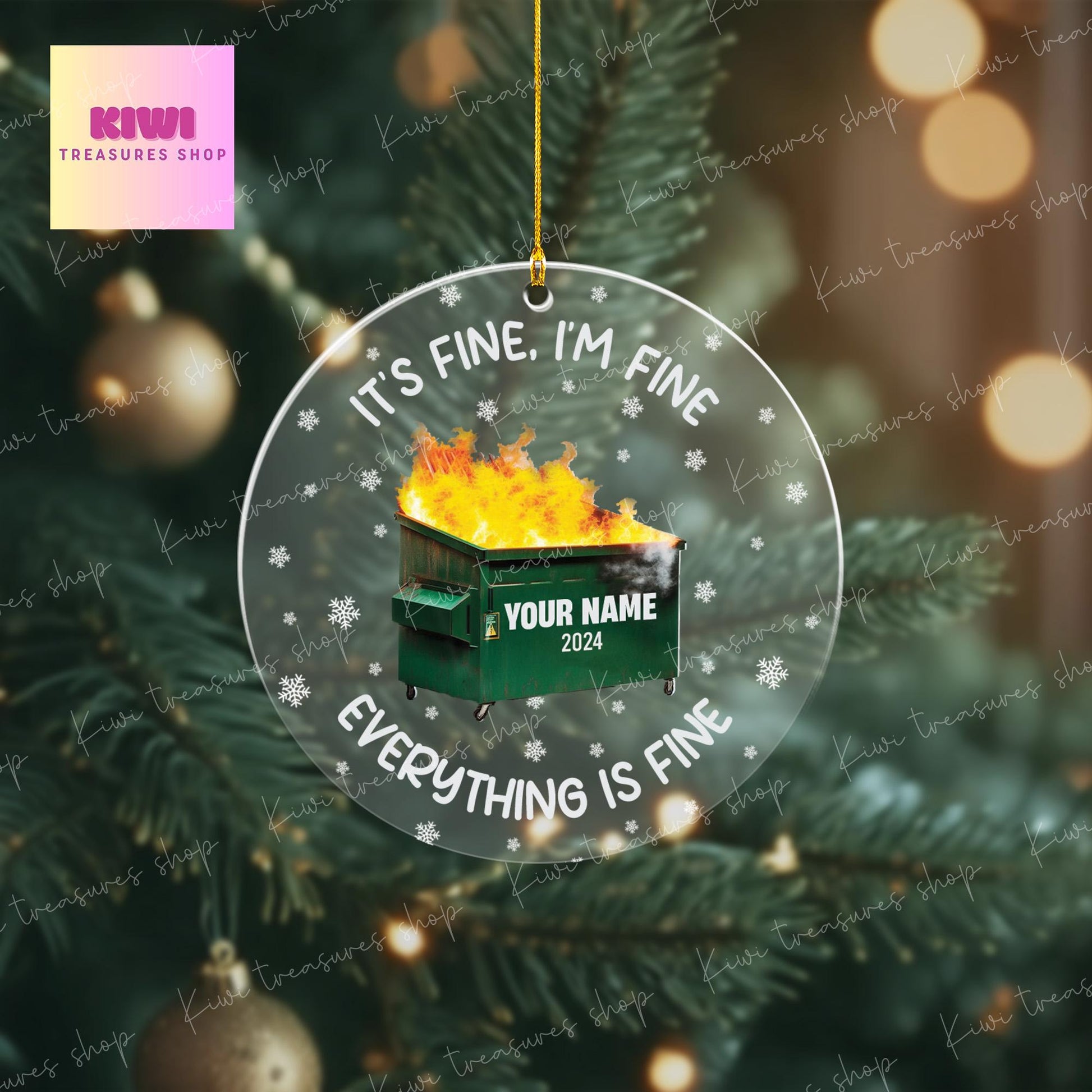 Personalized Dumpster on Fire Ornament, Dumpster Fine Ornament, Co-Worker Christmas Gift, Best Friend Christmas, Xmas Gag Gift, it's fine