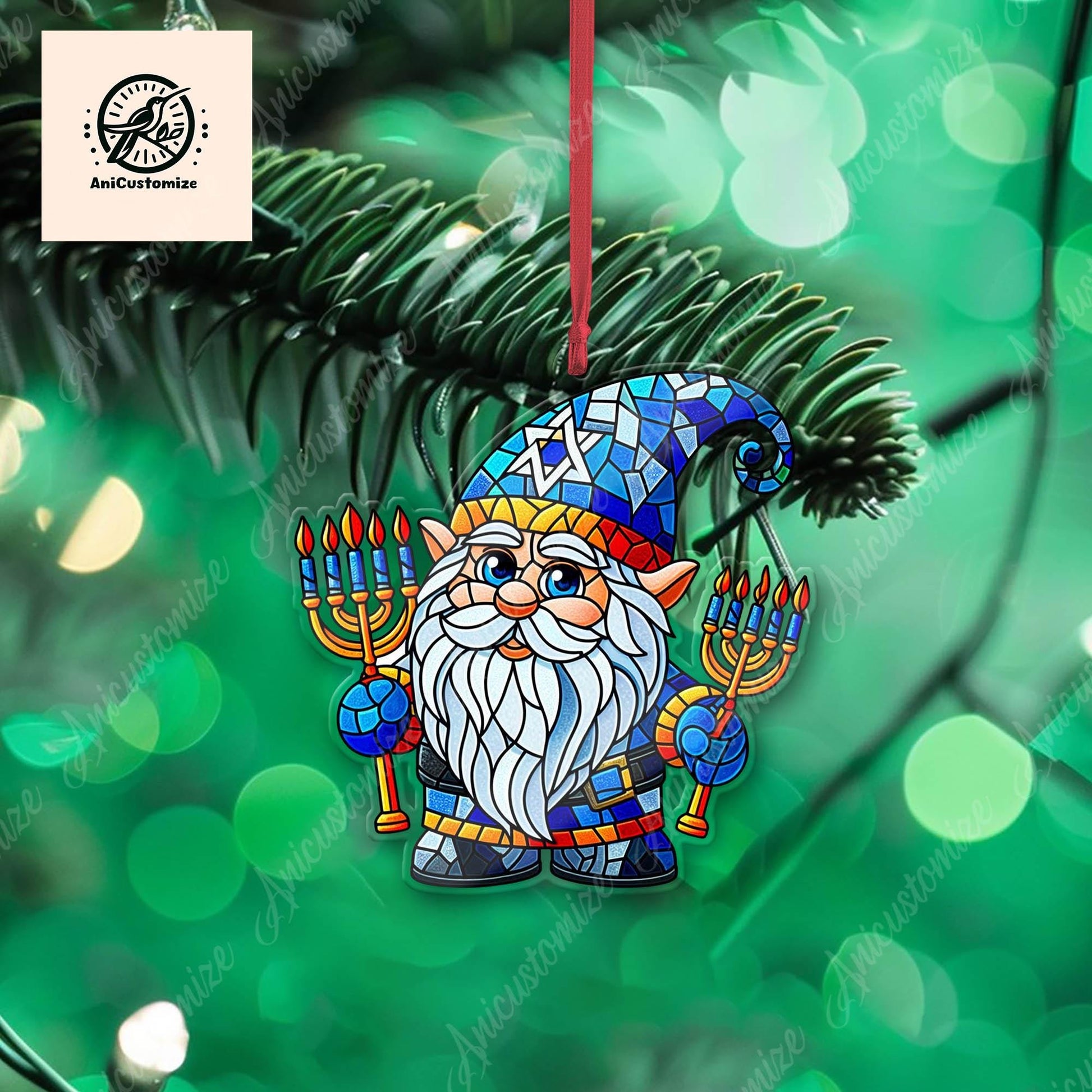 Hanukkah Gnome Acrylic Christmas Ornament Decor, Hanukkah Season Decor, Menorah, Jewish Decoration, Christmas Tree Decor, Xmas Gift Idea