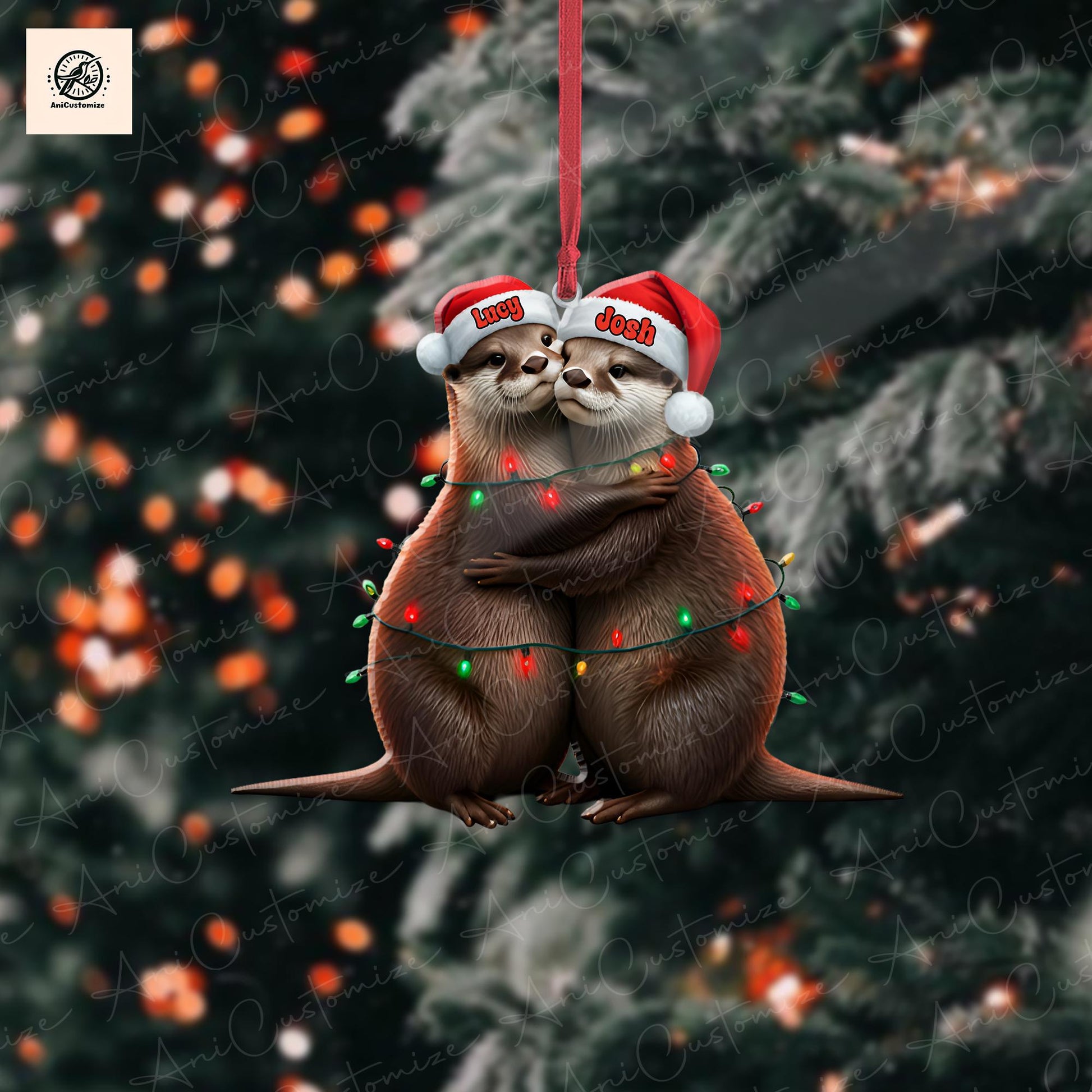 Personalized Otter Couple 2D FLAT Ornament, Otter Couple Ornament, Chirstmas Otter Decor, Xmas Otter GIft, COuple Ornament, Xmas Tree Decor