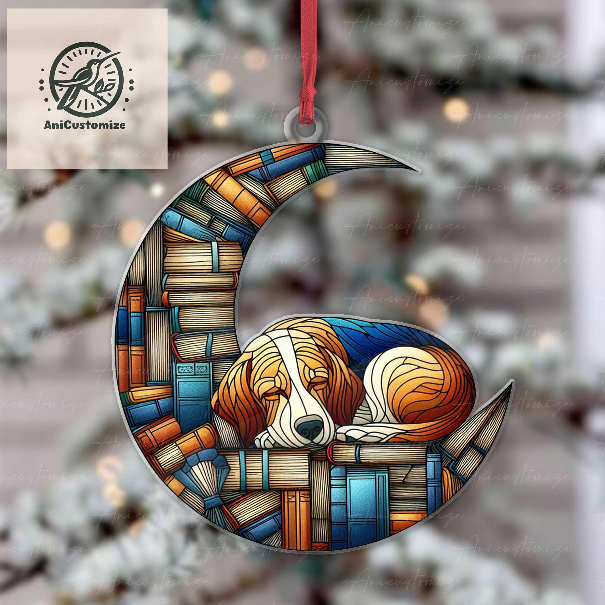 Beagle Dog on Book Crescent Moon Ornament, Dog ornament, Book Ornament, Bookish Lover Gift, Dog Mom Gift, Dog Lover Gift, Book Lovers Gift