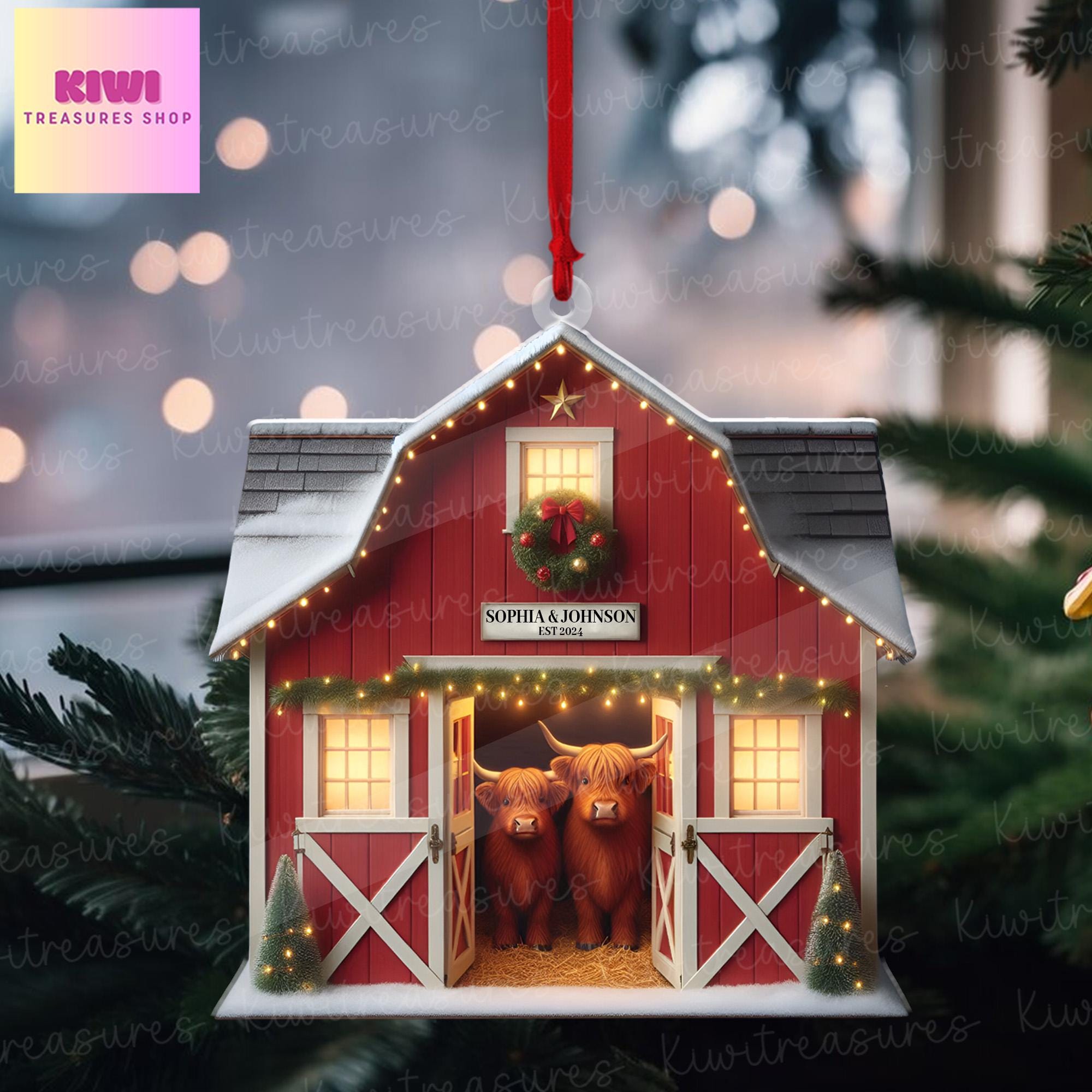 Personalized Red Barn Ornament, highland cow couple ornament, Farmhouse christmas tree hanging, idea gift for couple, FLAT 2d ornament
