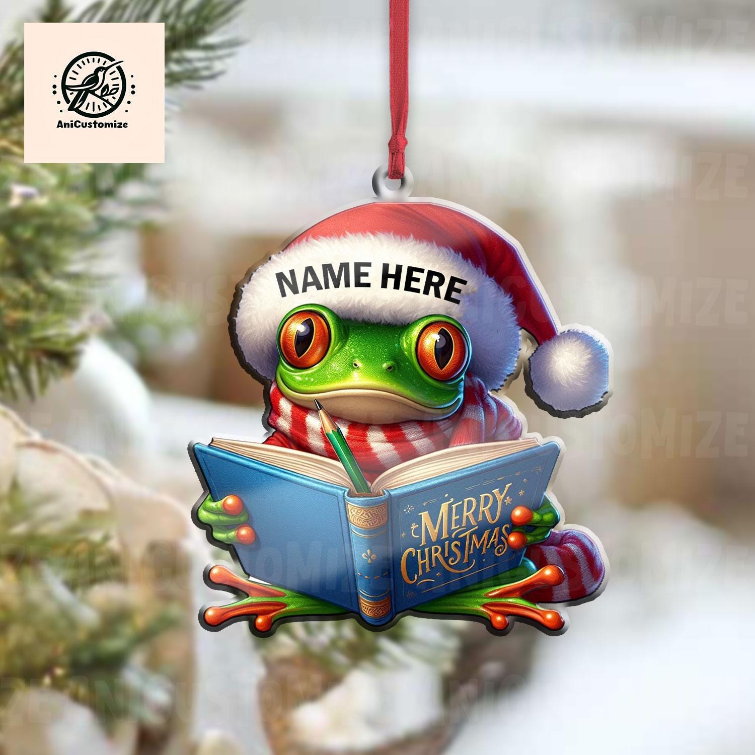 Personalized Frog Reading Book Christmas Ornament, 2D FLAT Frog Xmas Ornament, Christmas Tree Decor, Christmas Gift, Gift For Frog Lover