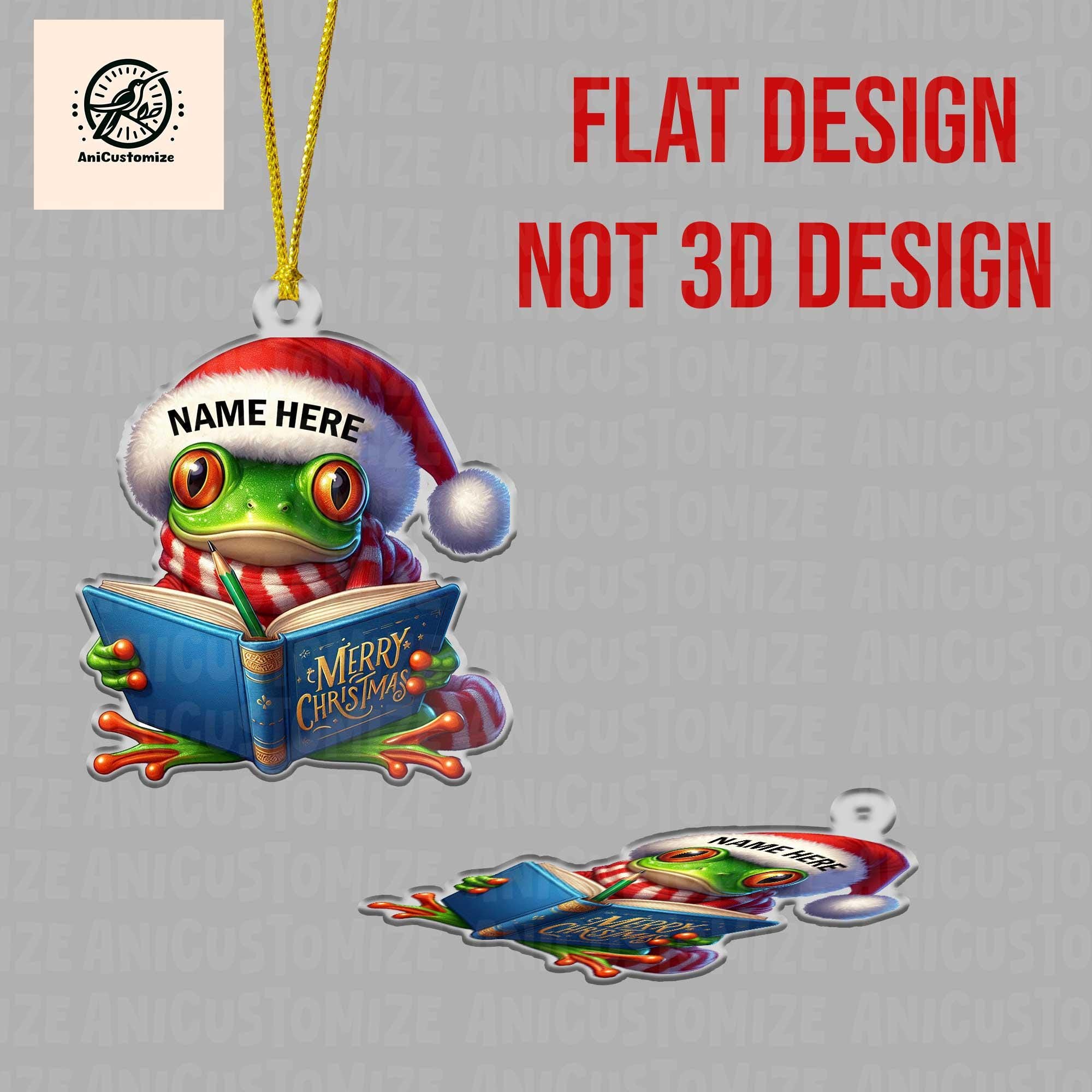 Personalized Frog Reading Book Christmas Ornament, 2D FLAT Frog Xmas Ornament, Christmas Tree Decor, Christmas Gift, Gift For Frog Lover