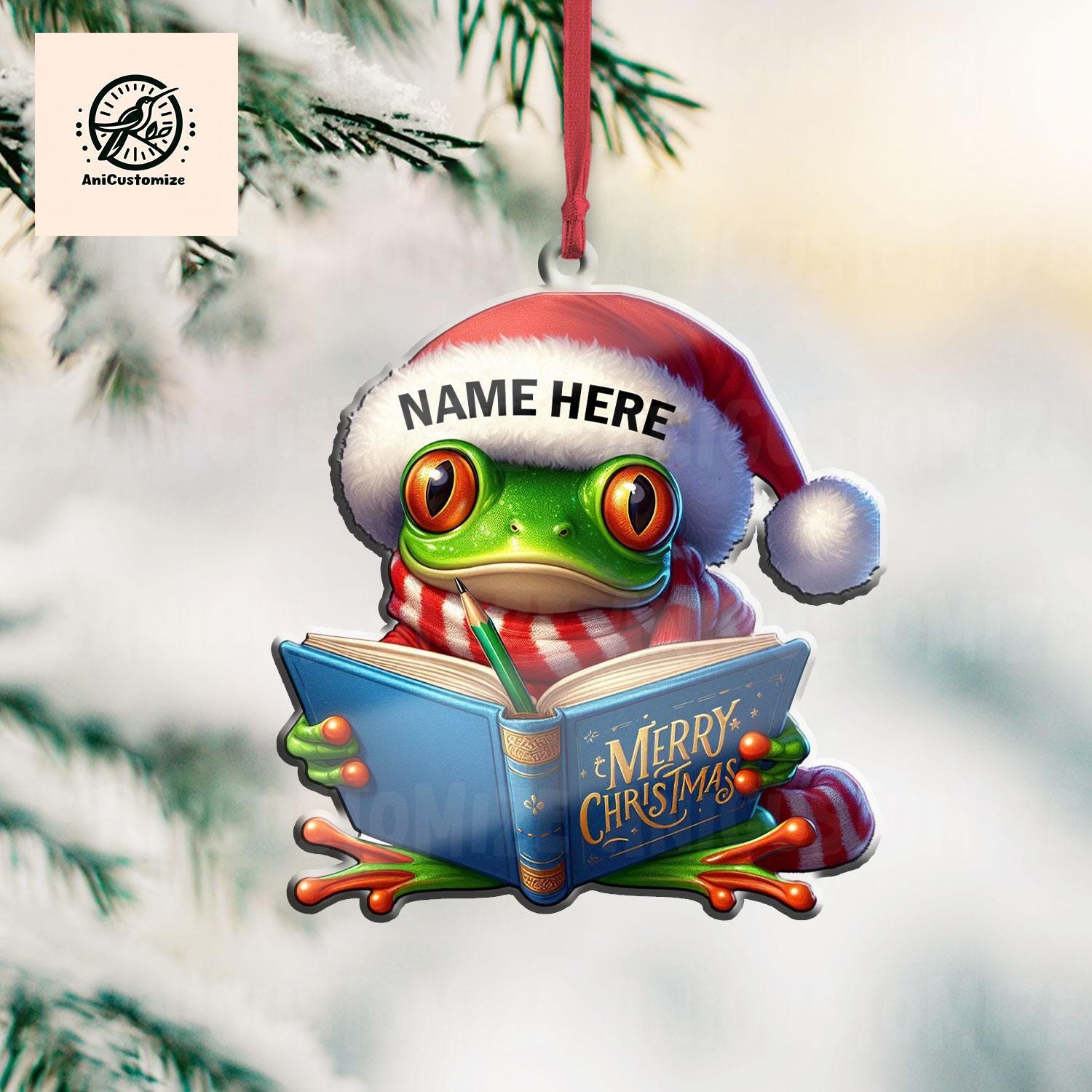 Personalized Frog Reading Book Christmas Ornament, 2D FLAT Frog Xmas Ornament, Christmas Tree Decor, Christmas Gift, Gift For Frog Lover