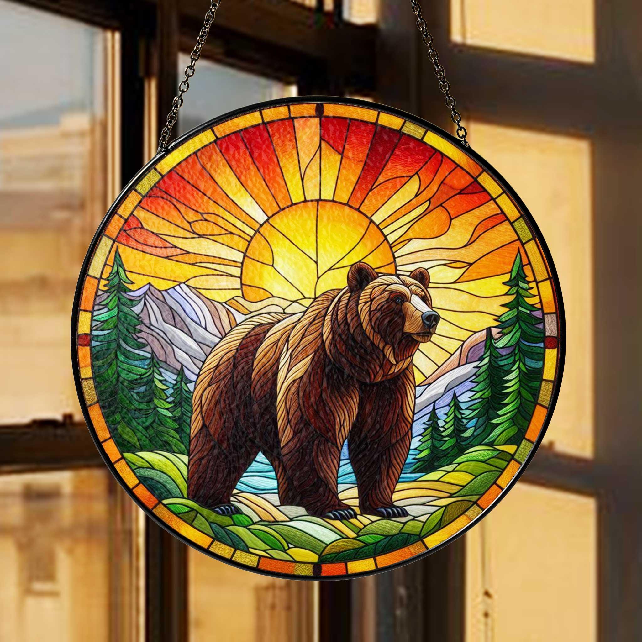 grizzly Bear sunset GLASS Suncatcher Hanging, grizzly lovers gift, bear Window hanging, Suncatcher ornament, mountain sunset landscape