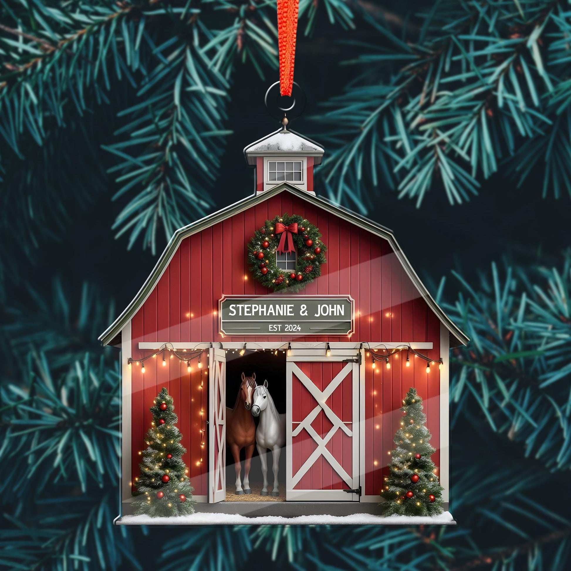 Personalized Horse Barn FLAT Ornament, Horse couple ornament, Farmhouse christmas tree hanging, idea gift for couple, FLAT 2d ornament