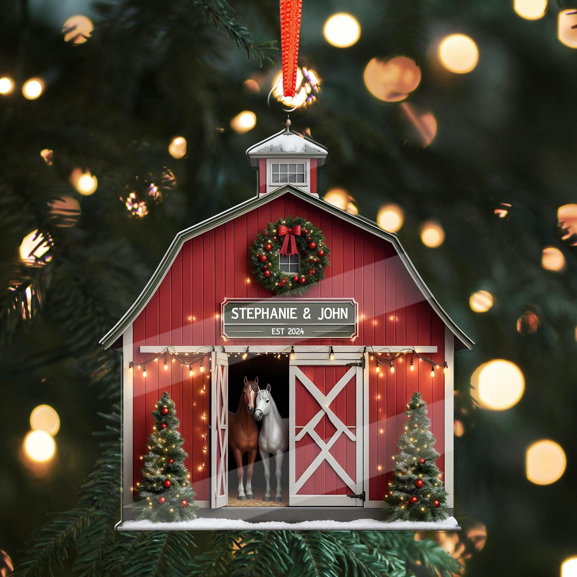 Personalized Horse Barn FLAT Ornament, Horse couple ornament, Farmhouse christmas tree hanging, idea gift for couple, FLAT 2d ornament