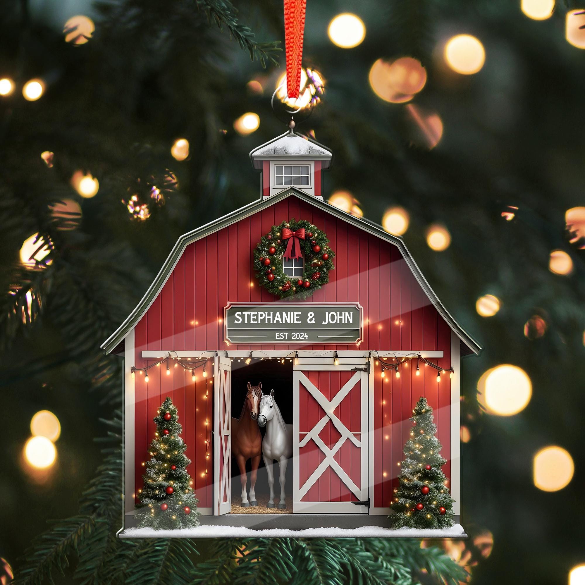Personalized Horse Barn FLAT Ornament, Horse couple ornament, Farmhouse christmas tree hanging, idea gift for couple, FLAT 2d ornament