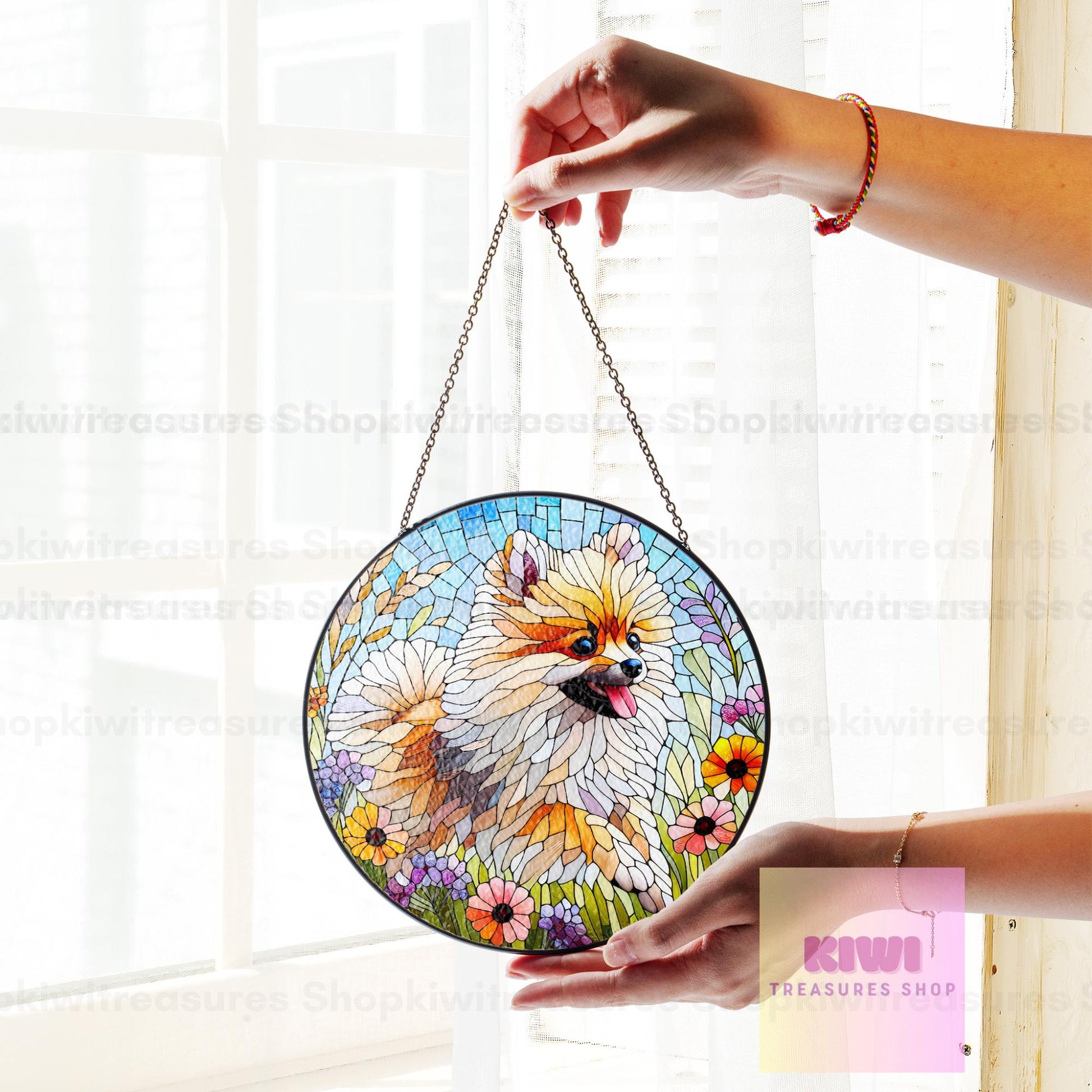 Pomeranian wildflowers GLASS Suncatcher Hanging, Pomeranian wildflower, Pomeranian suncatcher hanging, Dog window hanging
