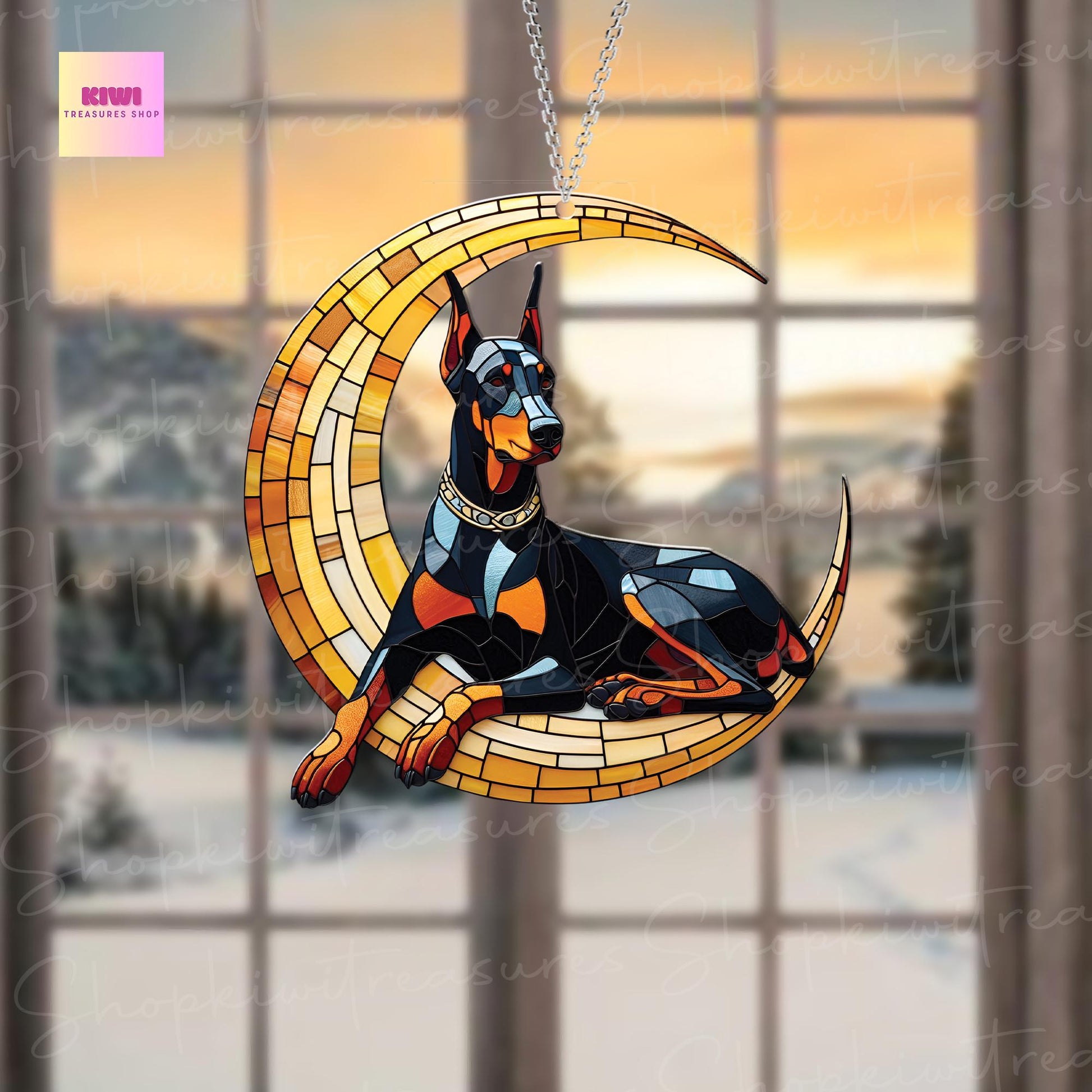 ACRYLIC Doberman on Cresent Moon Window Hanging, dog Lover Gift, Dog mom gift,Home Decor, Remembrance gift,Loss Of Pet Gift