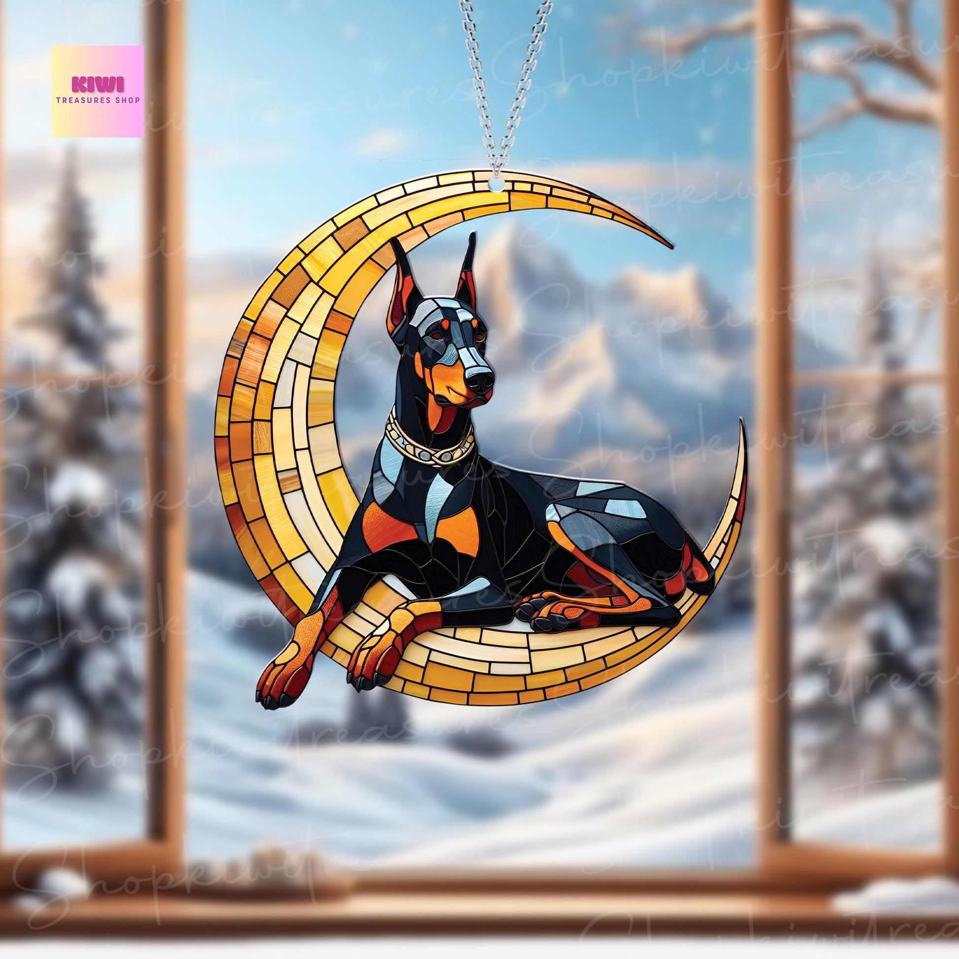 ACRYLIC Doberman on Cresent Moon Window Hanging, dog Lover Gift, Dog mom gift,Home Decor, Remembrance gift,Loss Of Pet Gift
