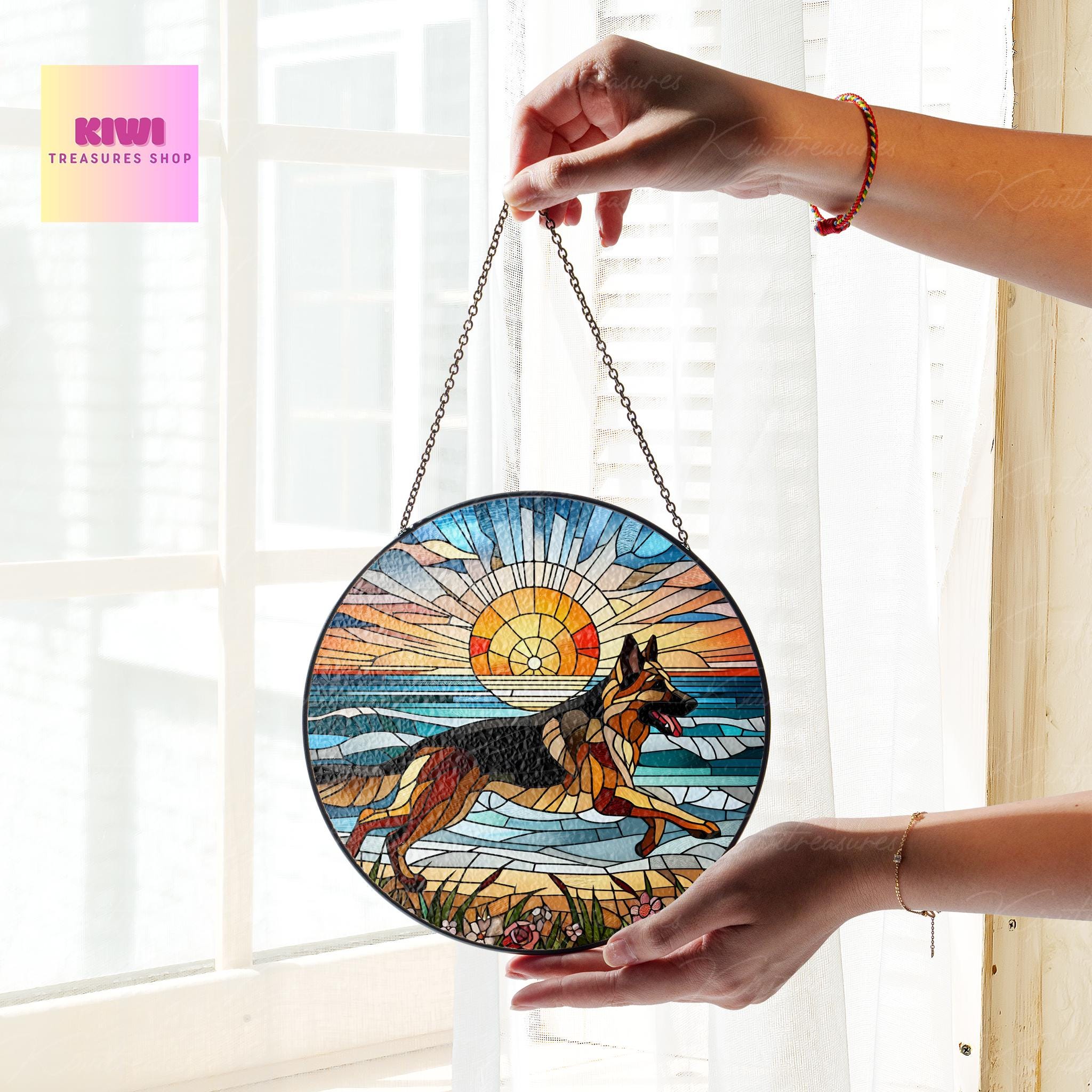 German Shepherd GLASS Suncatcher Hanging, german shepherd mom gift, german dog suncatcher hanging, Dog window hanging, sunset beach