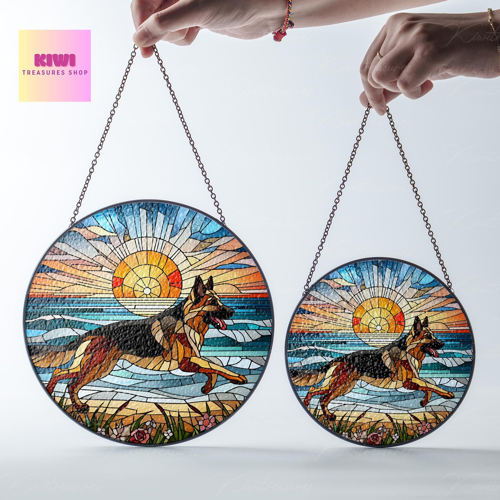 German Shepherd GLASS Suncatcher Hanging, german shepherd mom gift, german dog suncatcher hanging, Dog window hanging, sunset beach