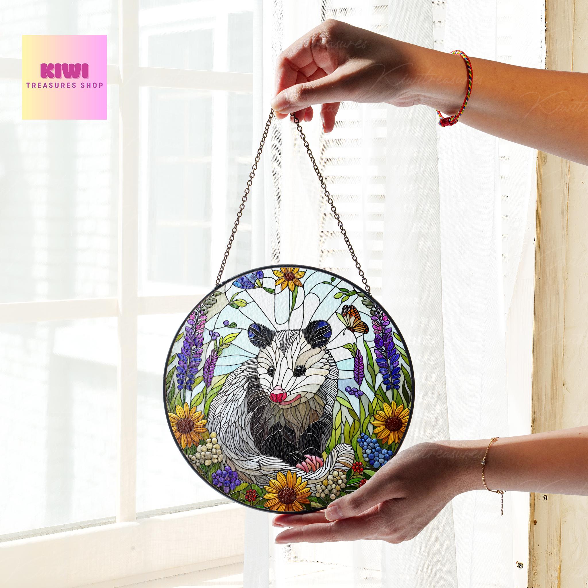 Opossum and wildflowers GLASS Suncatcher Hanging, Cute opossum, opossum suncatcher hanging, opossum window hanging