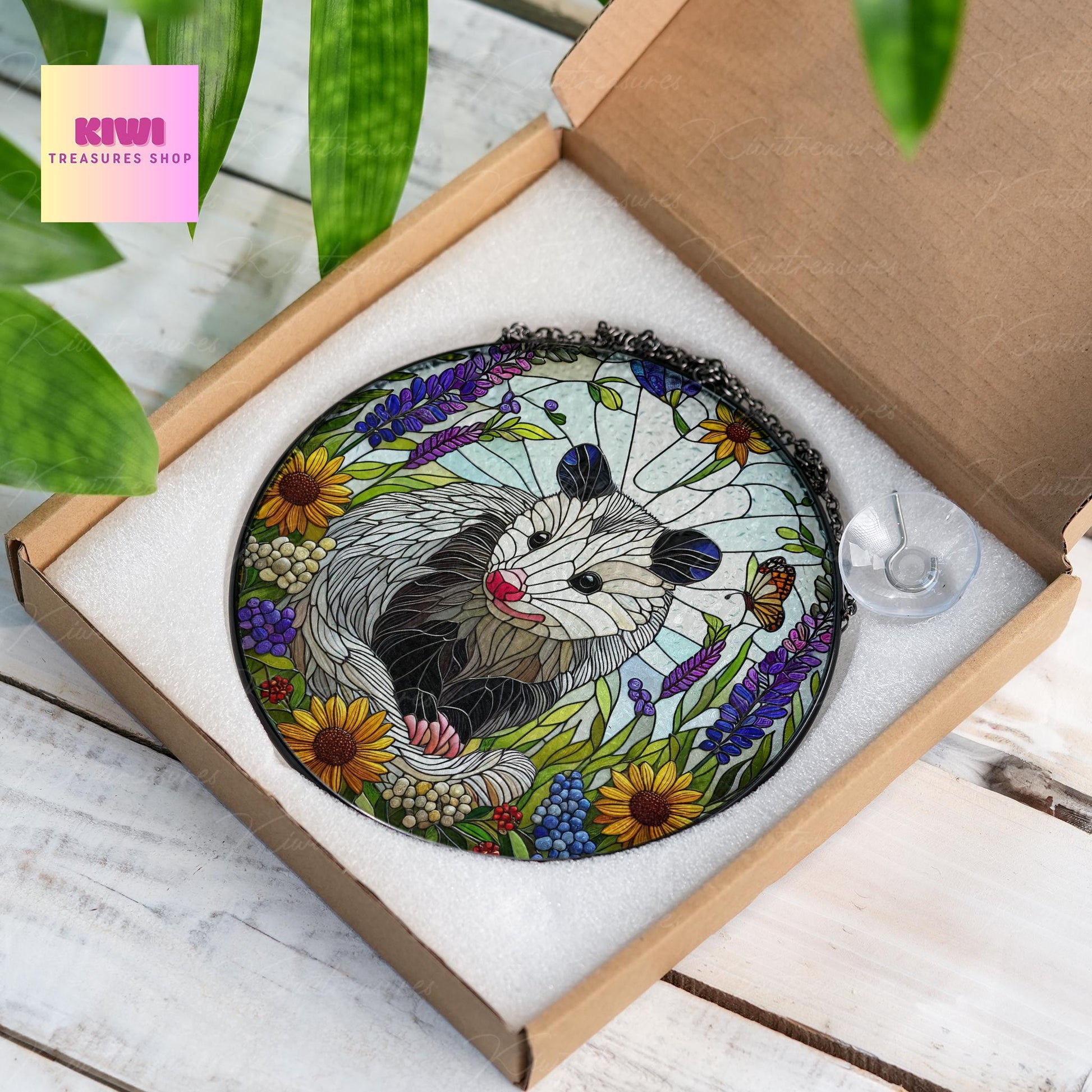 Opossum and wildflowers GLASS Suncatcher Hanging, Cute opossum, opossum suncatcher hanging, opossum window hanging
