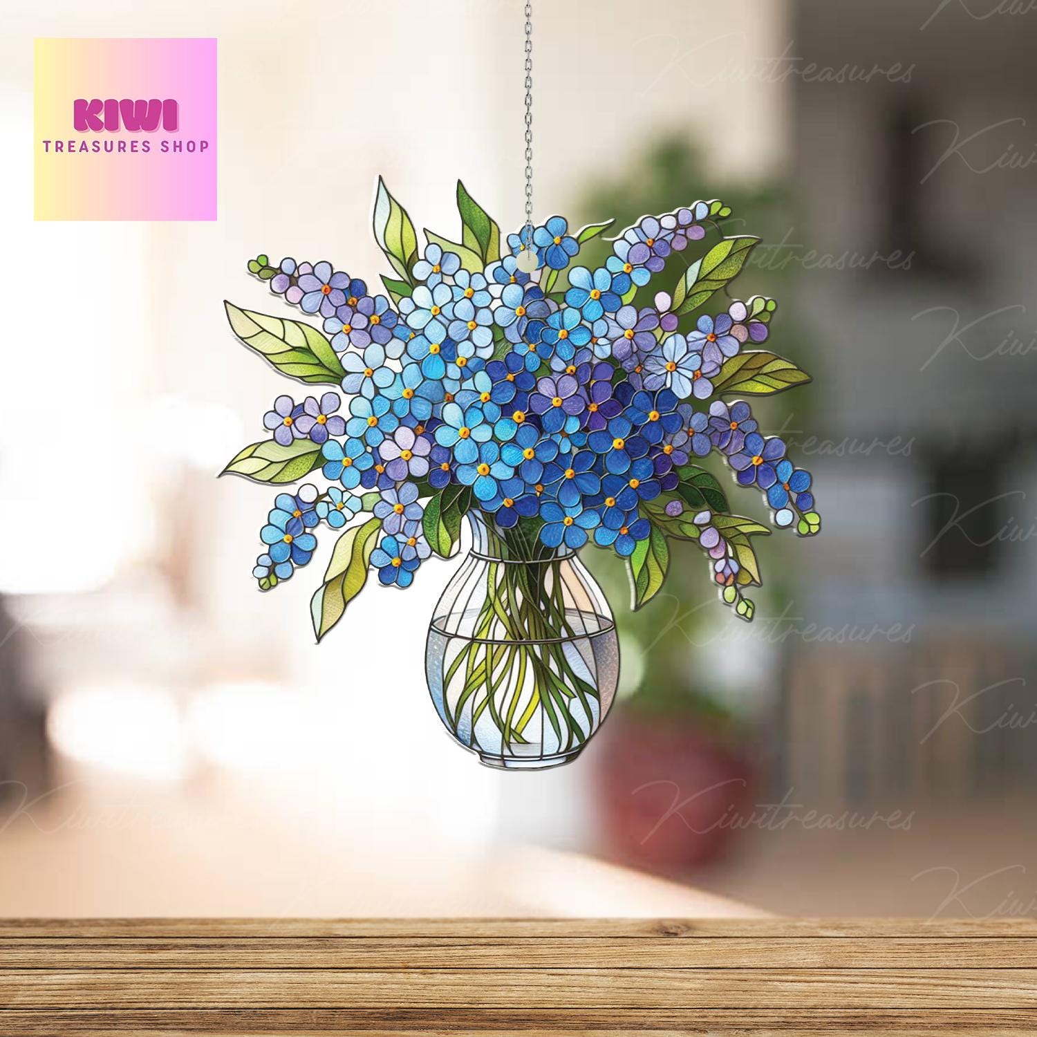 Mother's day gift 2025- Blue Forget me not Bouquet ACRYLIC Window Hanging, forget me not lovers gift, Not glass, Kitchen decor,