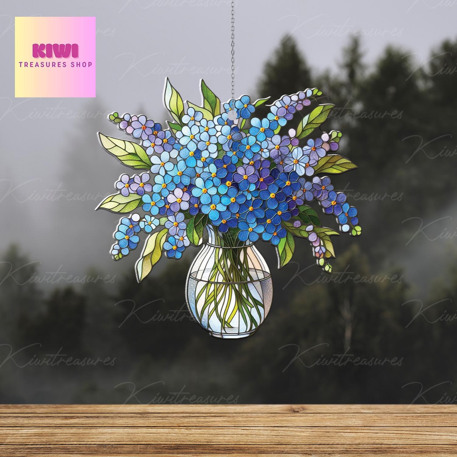 Mother's day gift 2025- Blue Forget me not Bouquet ACRYLIC Window Hanging, forget me not lovers gift, Not glass, Kitchen decor,