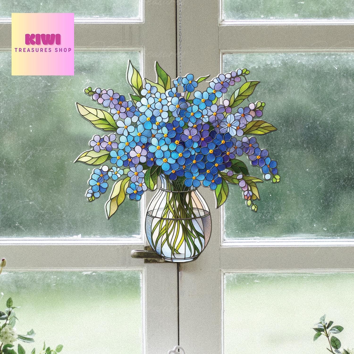 Mother's day gift 2025- Blue Forget me not Bouquet ACRYLIC Window Hanging, forget me not lovers gift, Not glass, Kitchen decor,