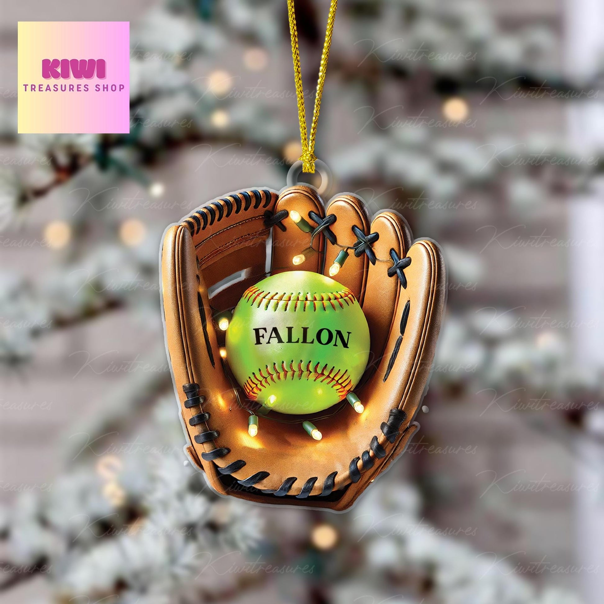 Custom Softball Ornament • Personalized Glove and Ball FLAT Christmas Decoration