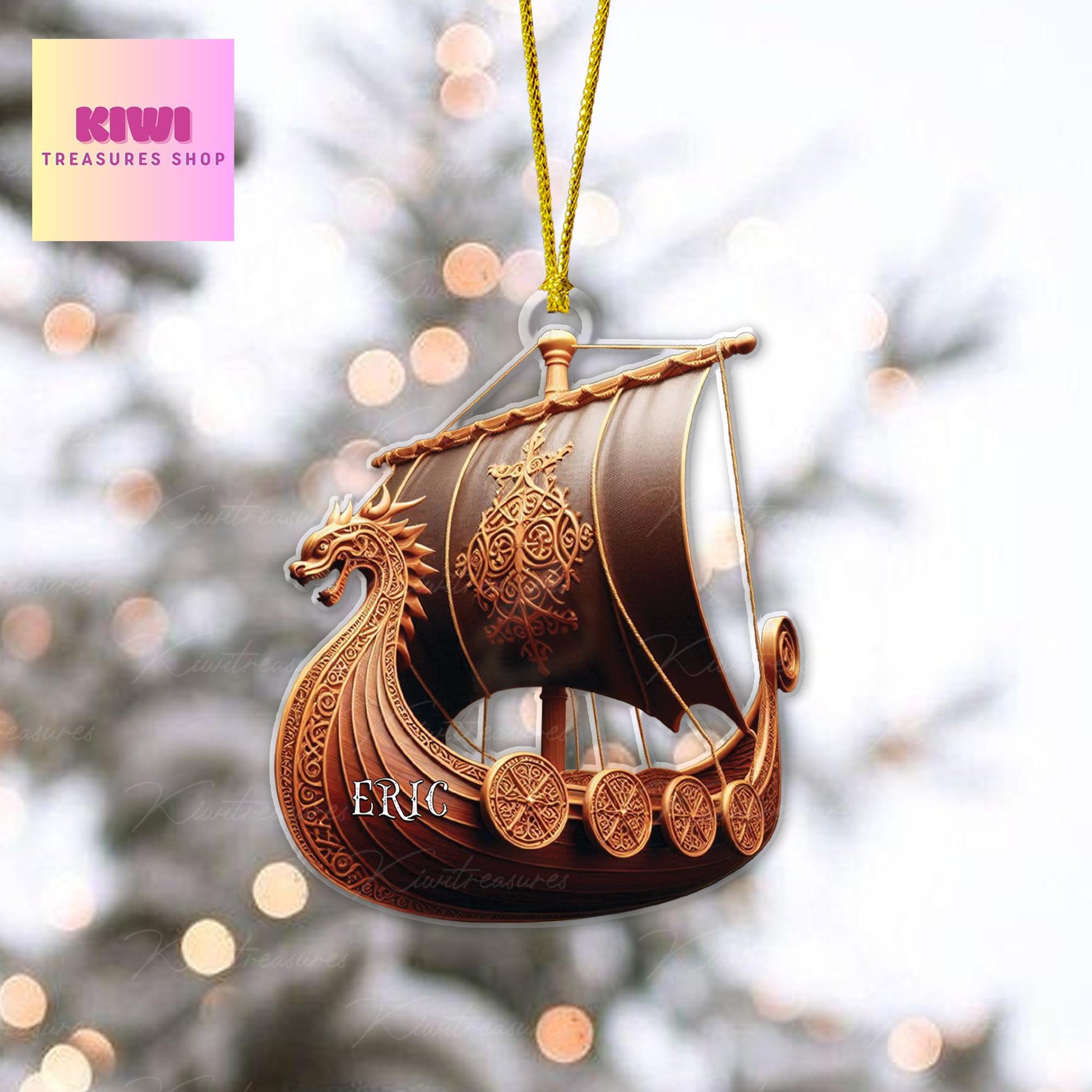 Custom name Viking longboat Ornament, Viking ornament, Christmas Viking gift, Viking husband gift, Flat 2D ornament NOT 3D, Viking boat