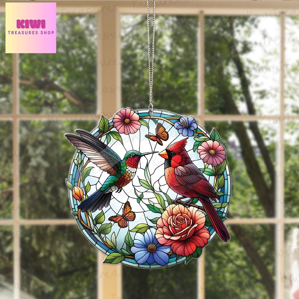 Cardinal and hummingbird Acrylic Window Hangings, Cardinal acrylic ornament, Home Decor, Cardinal window hanging, NOT glass