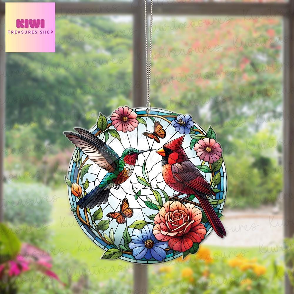 Cardinal and hummingbird Acrylic Window Hangings, Cardinal acrylic ornament, Home Decor, Cardinal window hanging, NOT glass