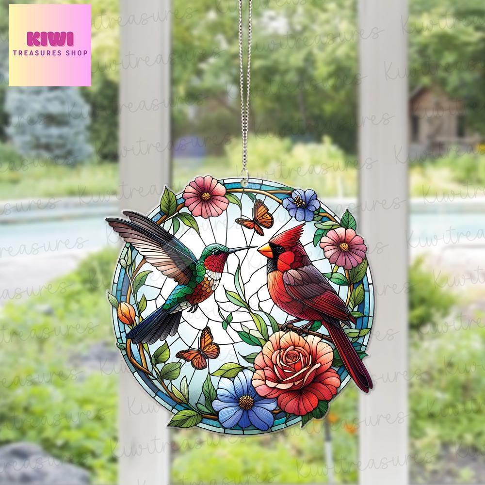 Cardinal and hummingbird Acrylic Window Hangings, Cardinal acrylic ornament, Home Decor, Cardinal window hanging, NOT glass