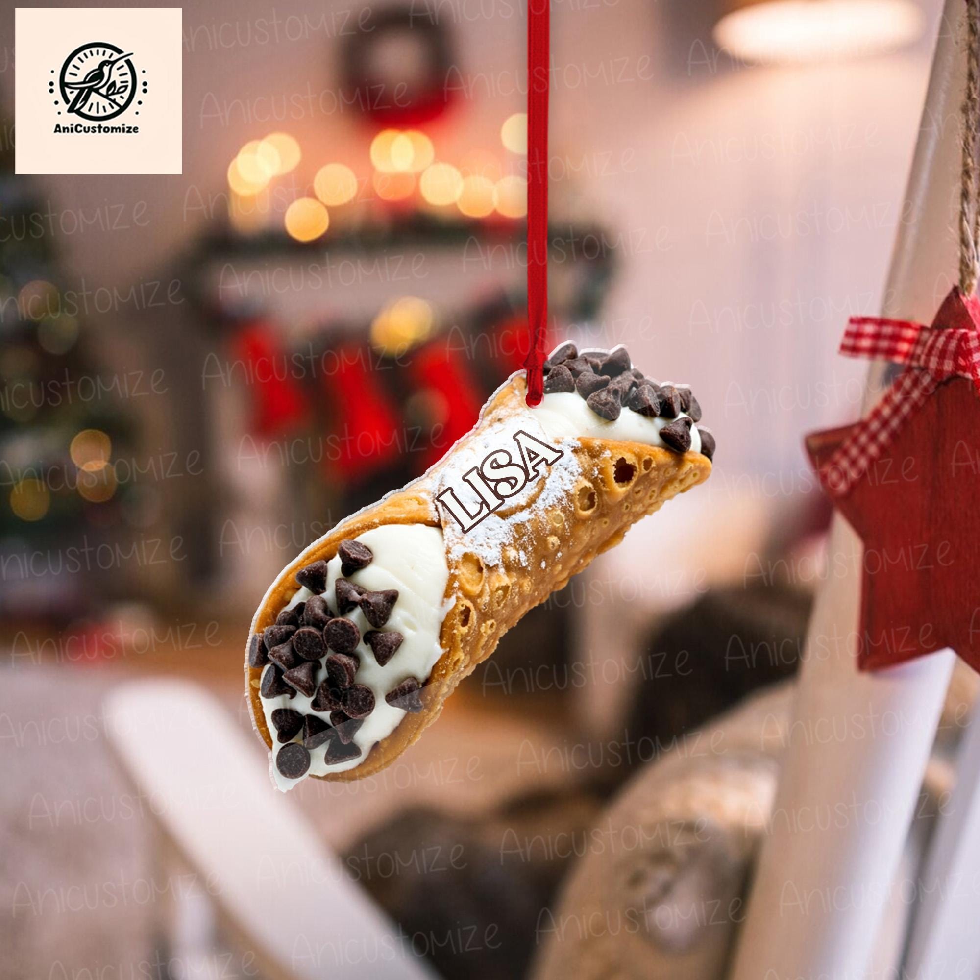 Personalized Cannoli Ornament, 2D FLAT Christmas Ornament, Italian Pastry Dessert Food Xmas Ornament, Buon Natale, Pistachio, Chocolate Chip