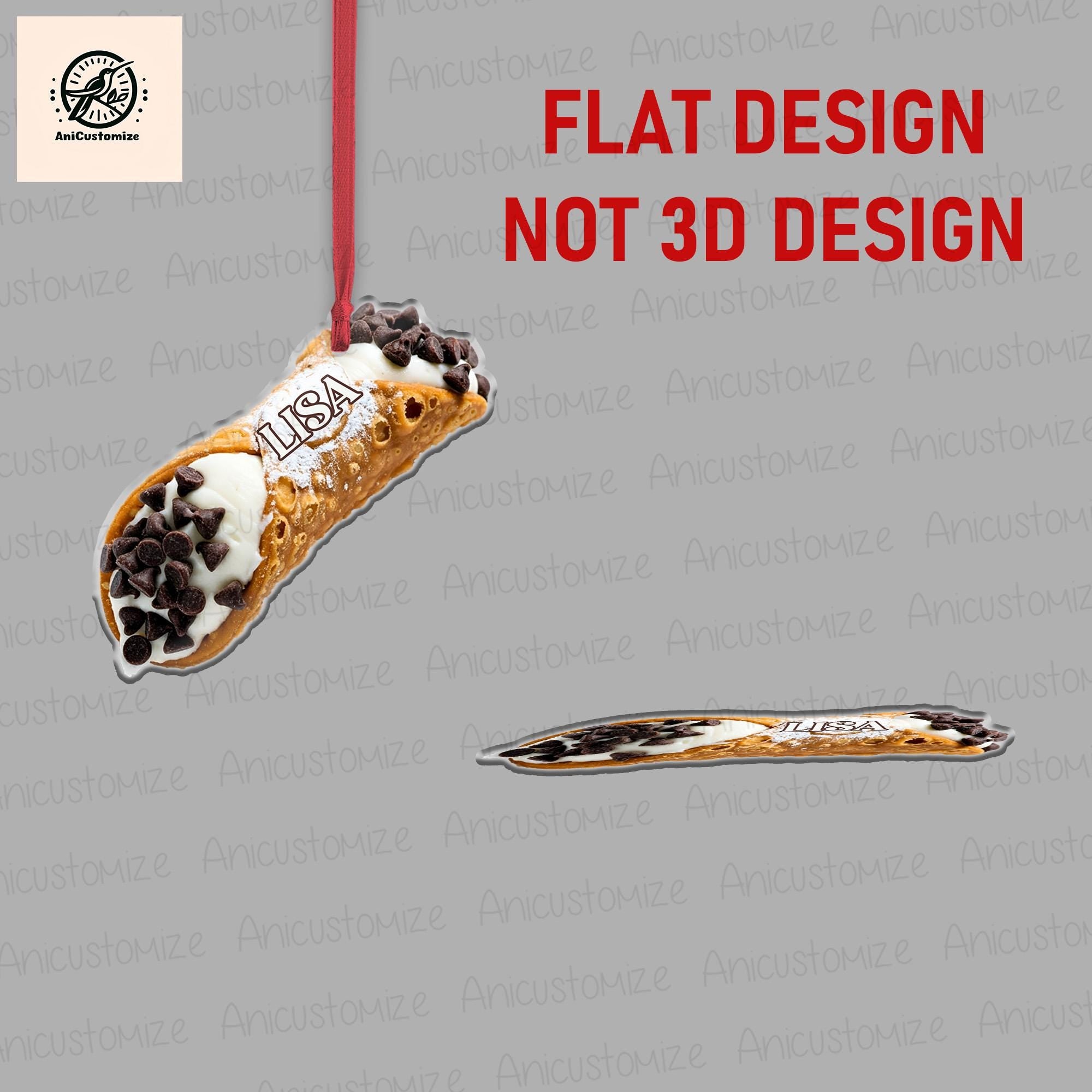 Personalized Cannoli Ornament, 2D FLAT Christmas Ornament, Italian Pastry Dessert Food Xmas Ornament, Buon Natale, Pistachio, Chocolate Chip