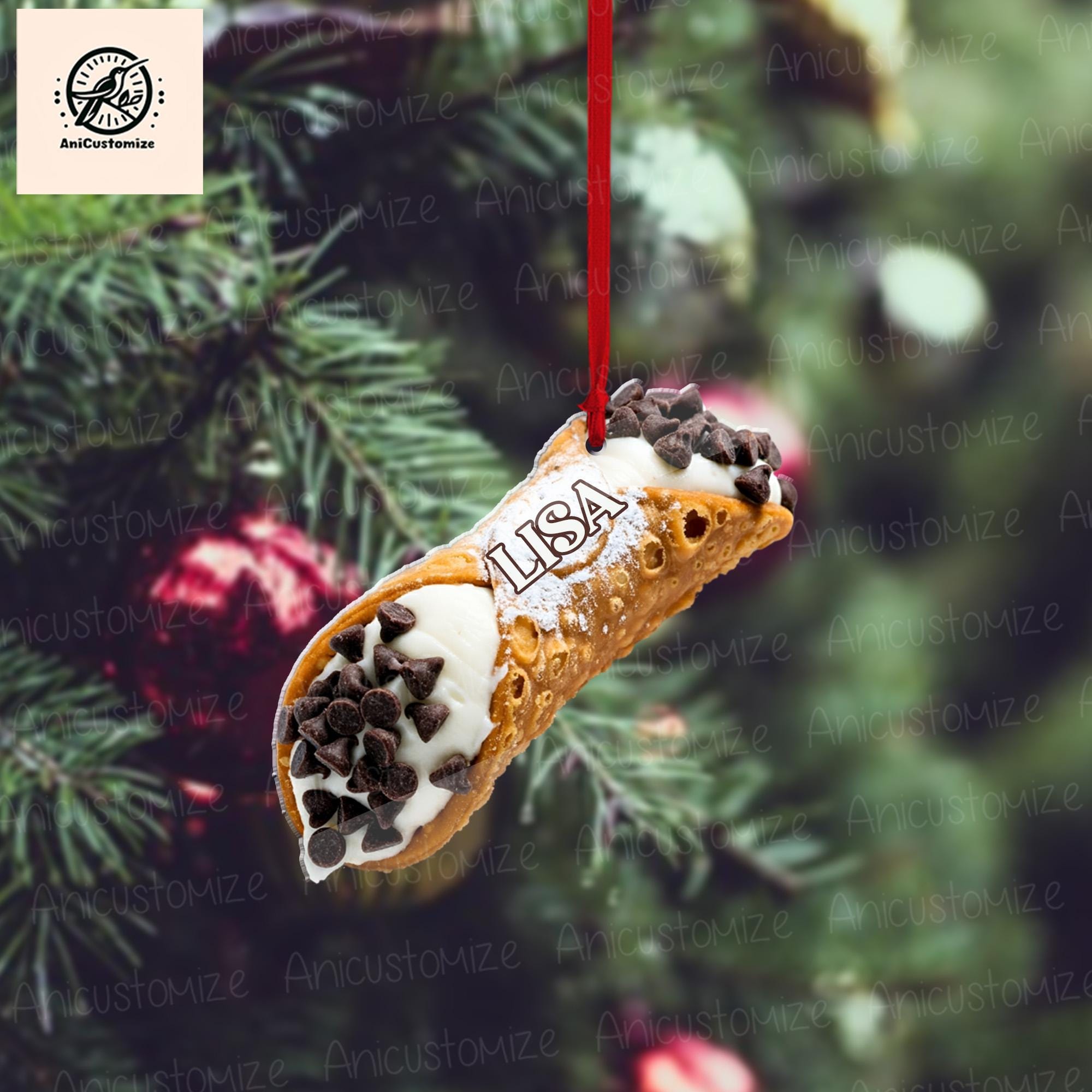 Personalized Cannoli Ornament, 2D FLAT Christmas Ornament, Italian Pastry Dessert Food Xmas Ornament, Buon Natale, Pistachio, Chocolate Chip
