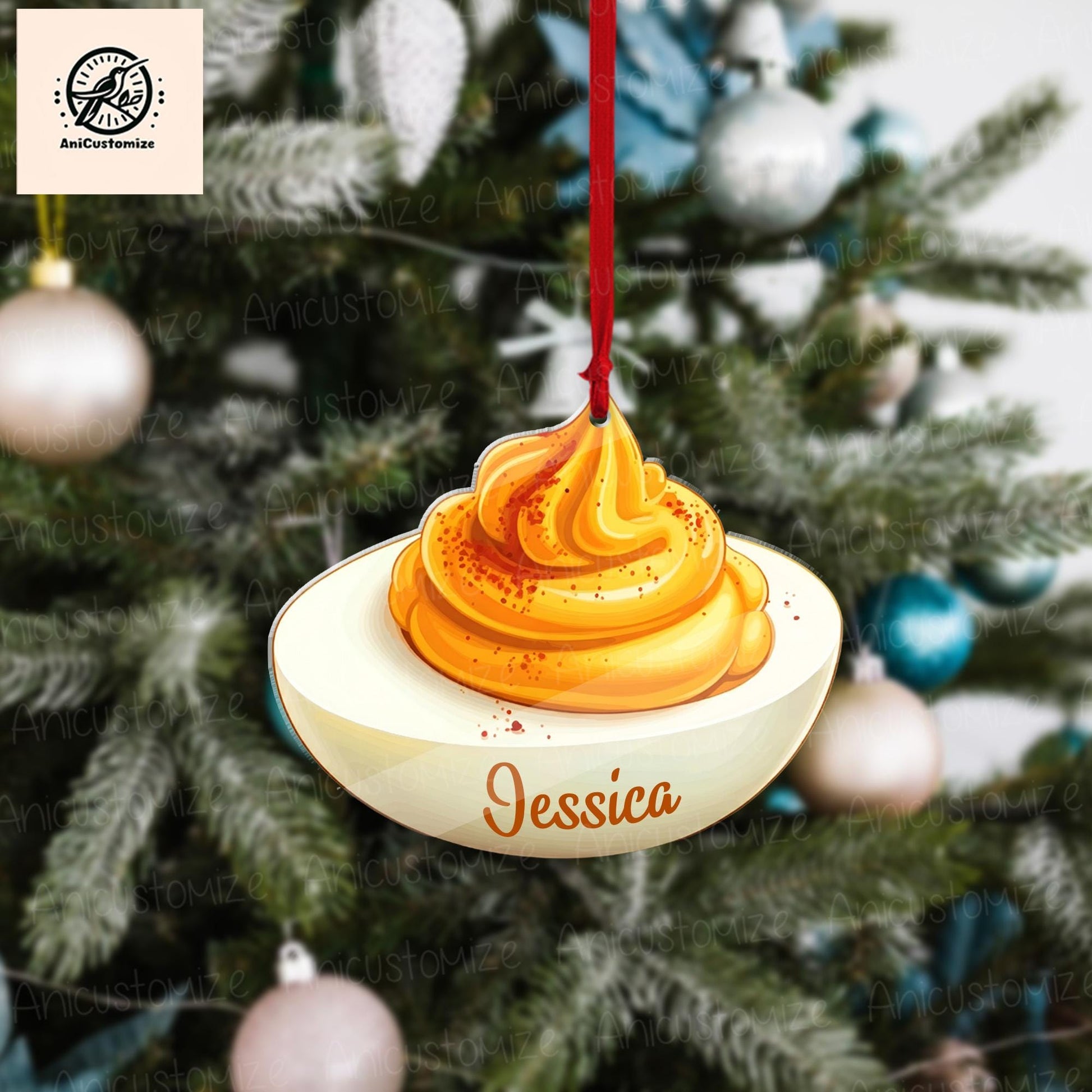 Personalized Deviled Egg Ornament, 2D FLAT Christmas Ornament, Small Funky Egg Foodie Lover Food Xmas Ornament, Funny Egg Ornament Gift