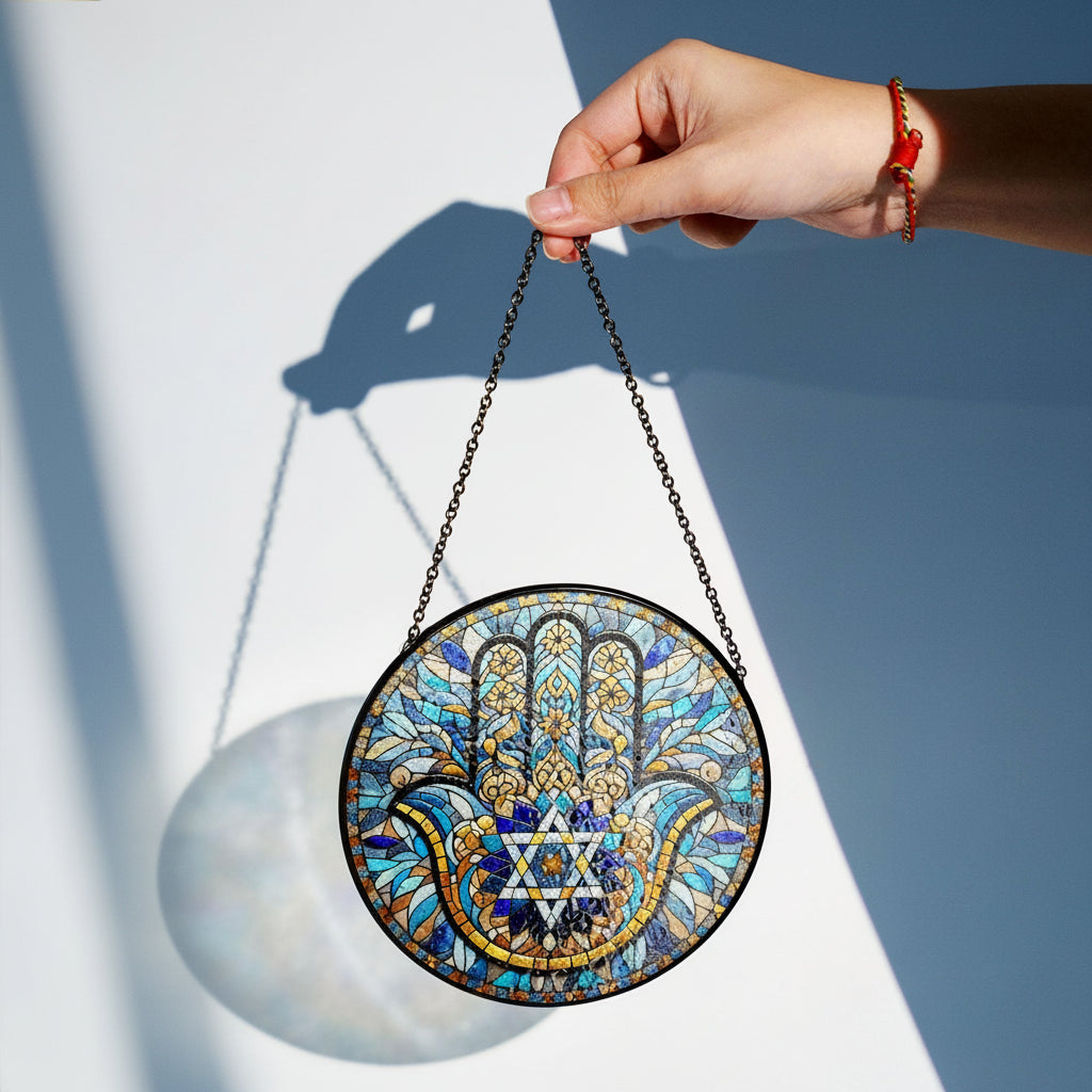 Hamsa Hand Star of David GLASS Suncatcher, Hanukkah Chanukah Suncatcher Ornament, Jerusalem spiritual window hanging, Jewish Festival