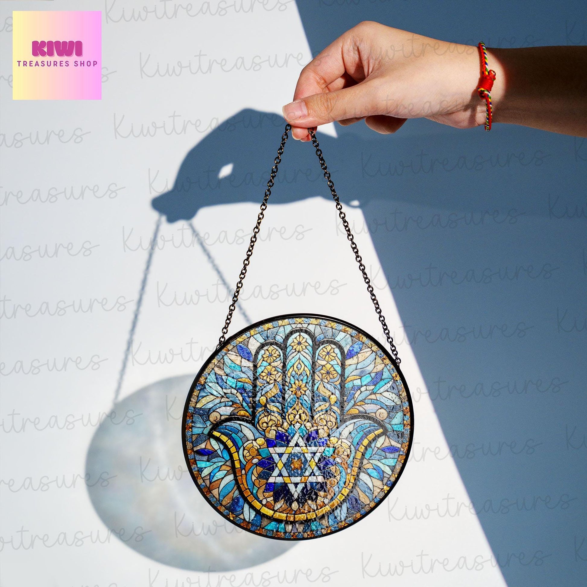 Hamsa Hand Star of David GLASS Suncatcher, Hanukkah Chanukah Suncatcher Ornament, Jerusalem spiritual window hanging, Jewish Festival