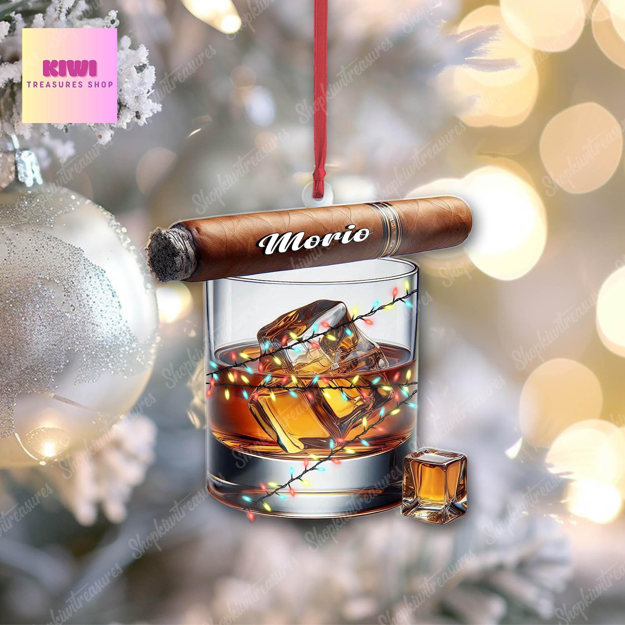 Personalized Whiskey & cigar ornament, 2d Flat whiskey ornament, cigar whiskey glass lover, gift for husband, christmas tree hanging
