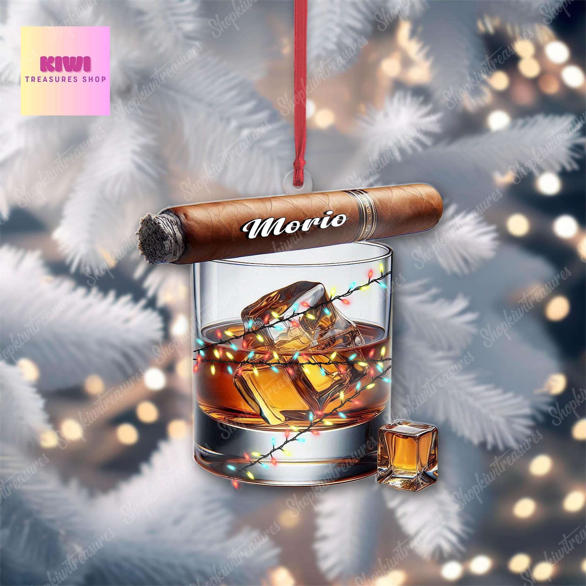 Personalized Whiskey & cigar ornament, 2d Flat whiskey ornament, cigar whiskey glass lover, gift for husband, christmas tree hanging