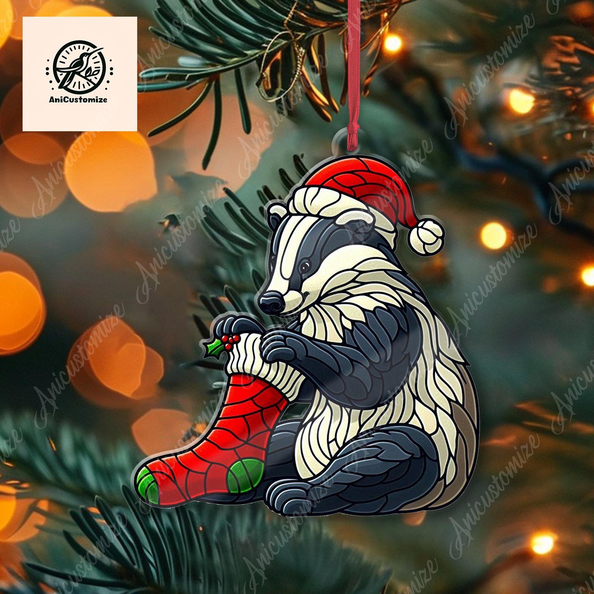 Badger Wearing Stocking Christmas Ornament Decor, Funny Badger Decor, Badger Lover Gift, Funny Christmas Decor, Funny Xmas Gift, Xmas Decor