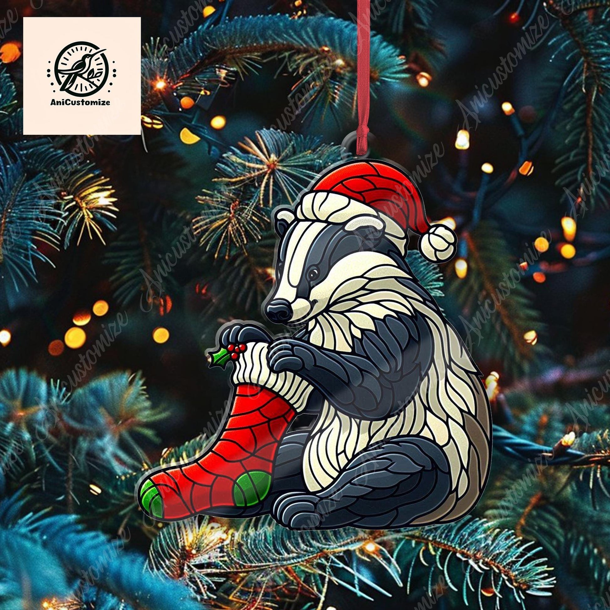 Badger Wearing Stocking Christmas Ornament Decor, Funny Badger Decor, Badger Lover Gift, Funny Christmas Decor, Funny Xmas Gift, Xmas Decor