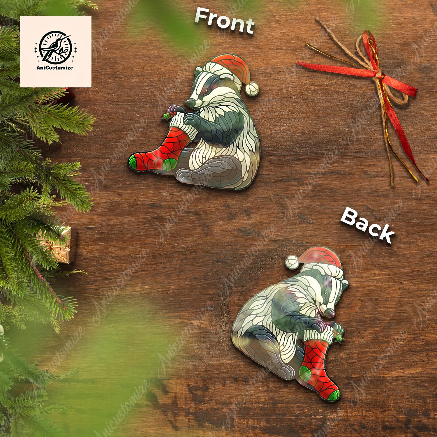 Badger Wearing Stocking Christmas Ornament Decor, Funny Badger Decor, Badger Lover Gift, Funny Christmas Decor, Funny Xmas Gift, Xmas Decor