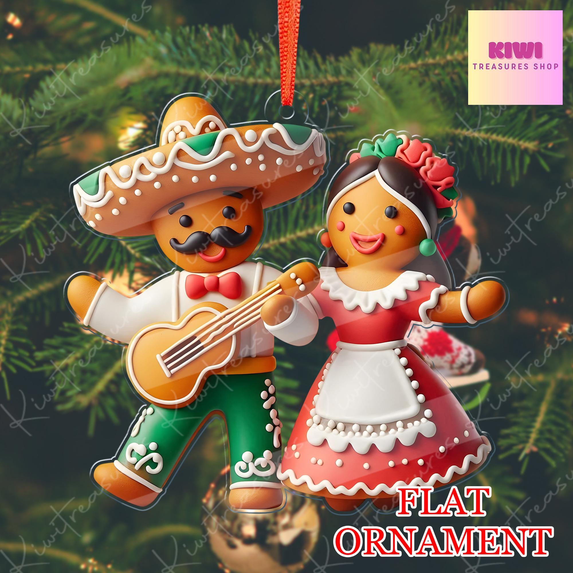 Mexican dancing gingerbread Christmas Ornament, 2d FLAT ornament, Feliz Navidad Ornament, Latin Mexican Gift, Christmas Gift For Mexican