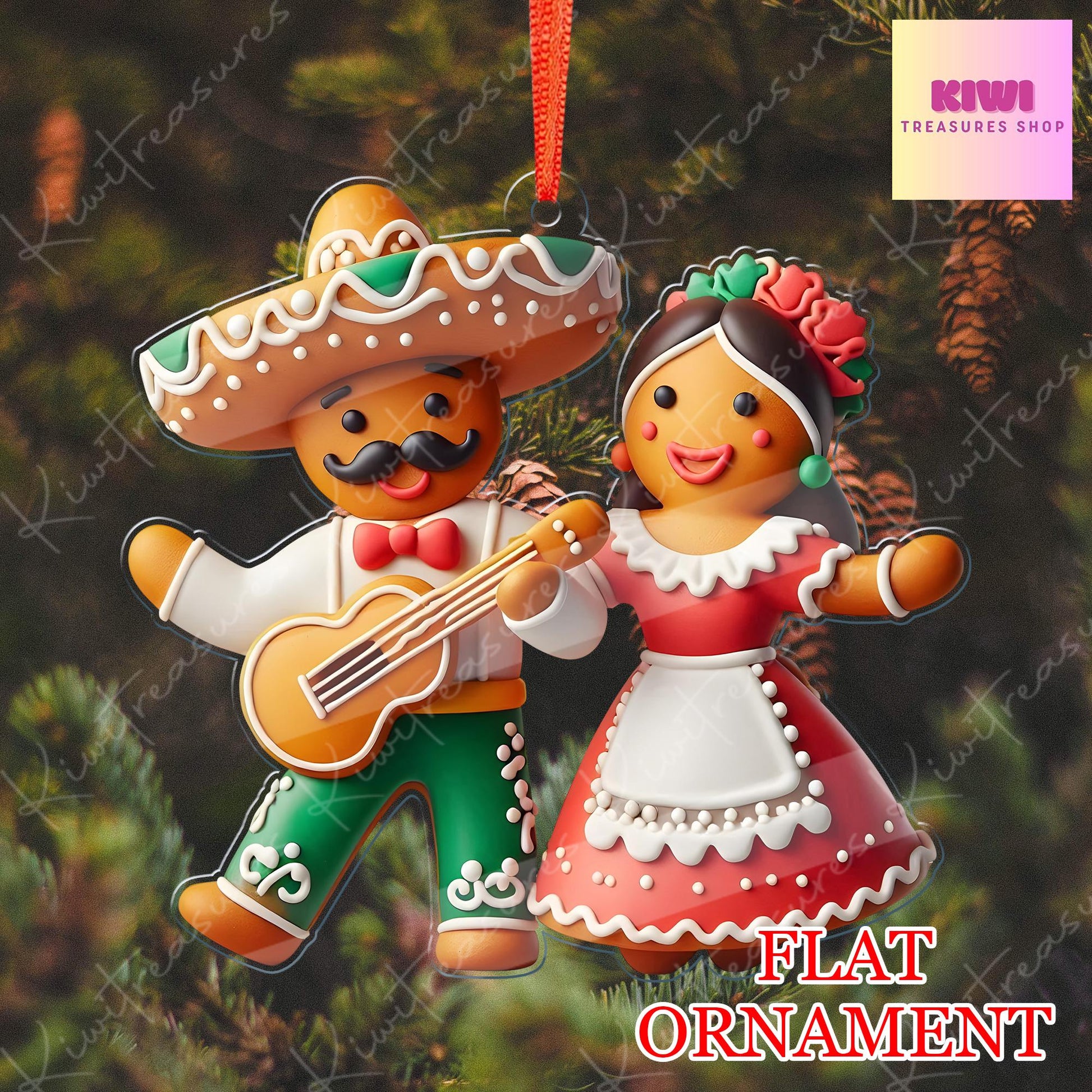 Mexican dancing gingerbread Christmas Ornament, 2d FLAT ornament, Feliz Navidad Ornament, Latin Mexican Gift, Christmas Gift For Mexican