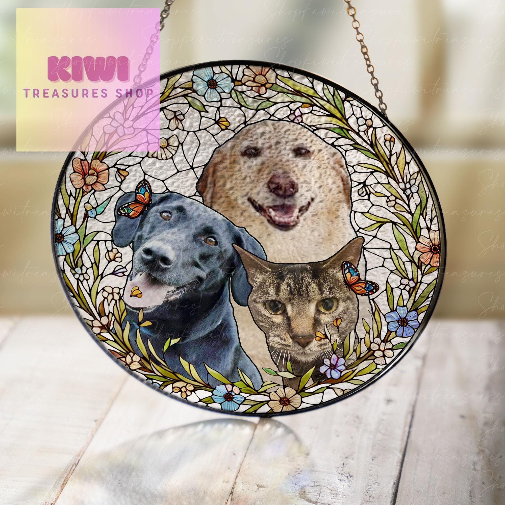 Custom Pet Dog & Cat Portrait Glass Suncatcher, Dog Cat Combination Suncatcher, Custom Pet Portrait from Photo, Sympathy Gifts, glass Pet