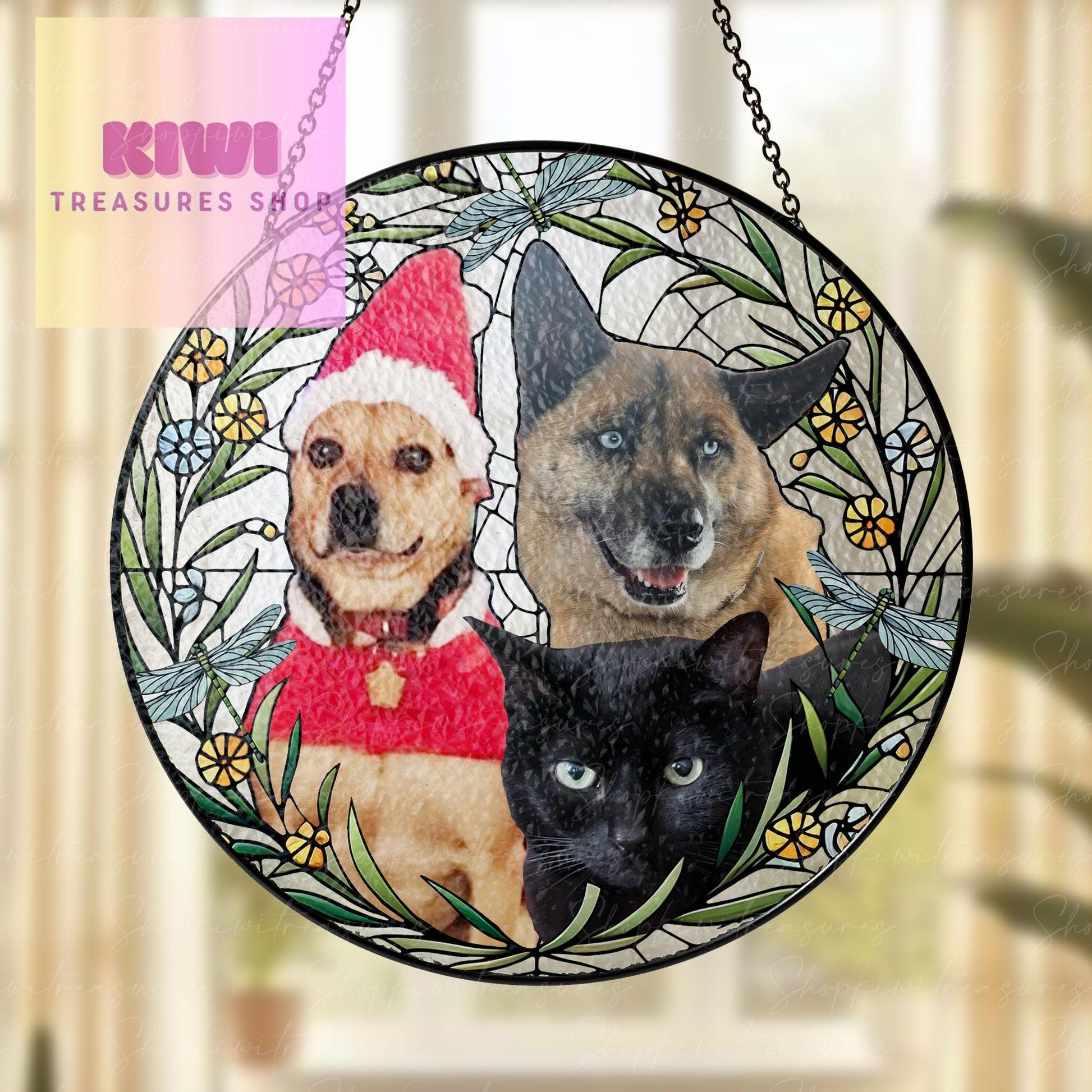 Custom Pet Dog & Cat Portrait Glass Suncatcher, Dog Cat Combination Suncatcher, Custom Pet Portrait from Photo, Sympathy Gifts, glass Pet