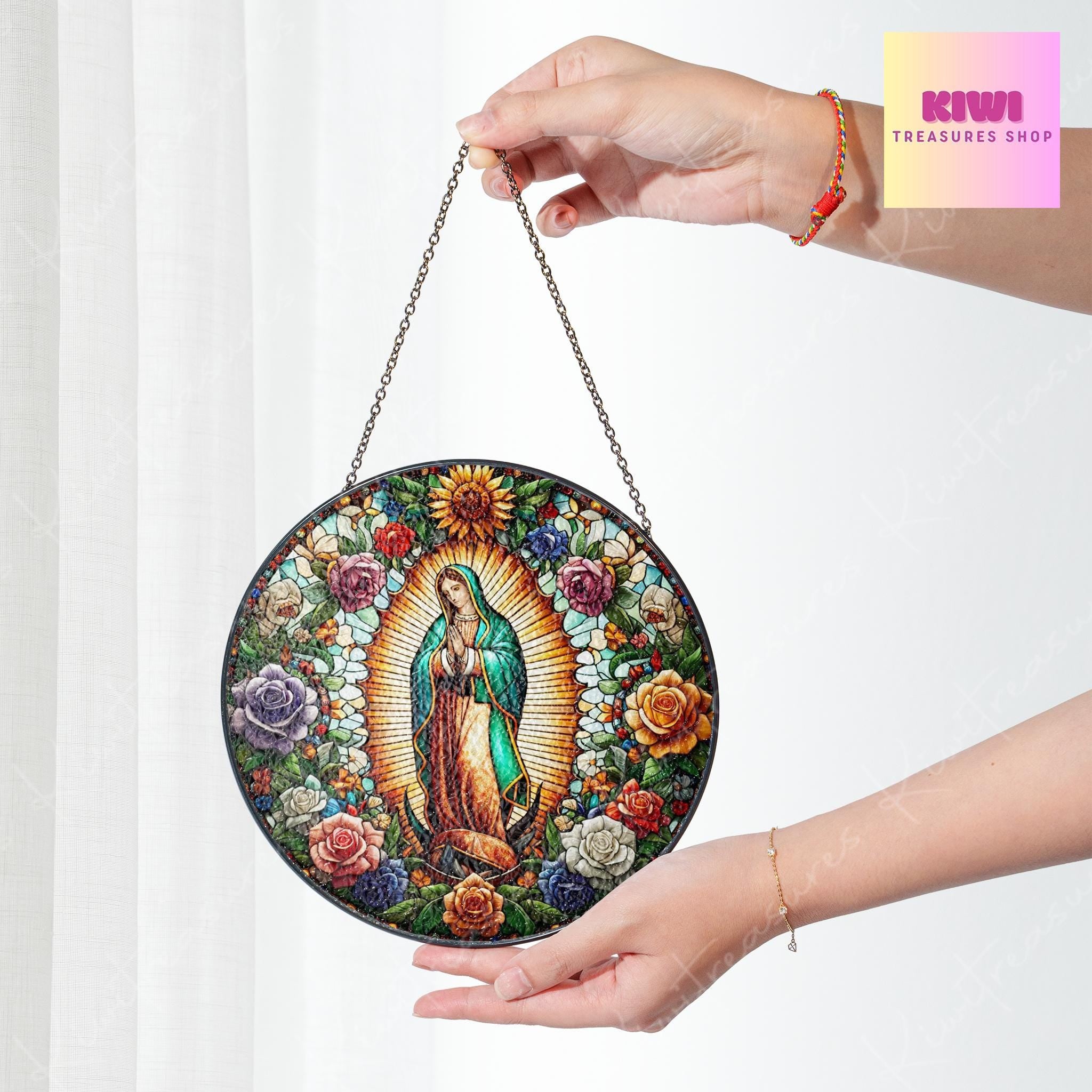 Mexican Virgen de Guadalupe Religious GLASS Suncatcher Hanging, Jesus Christ, Lamb of God hanging, Southwest Decor, Catholic Suncatcher