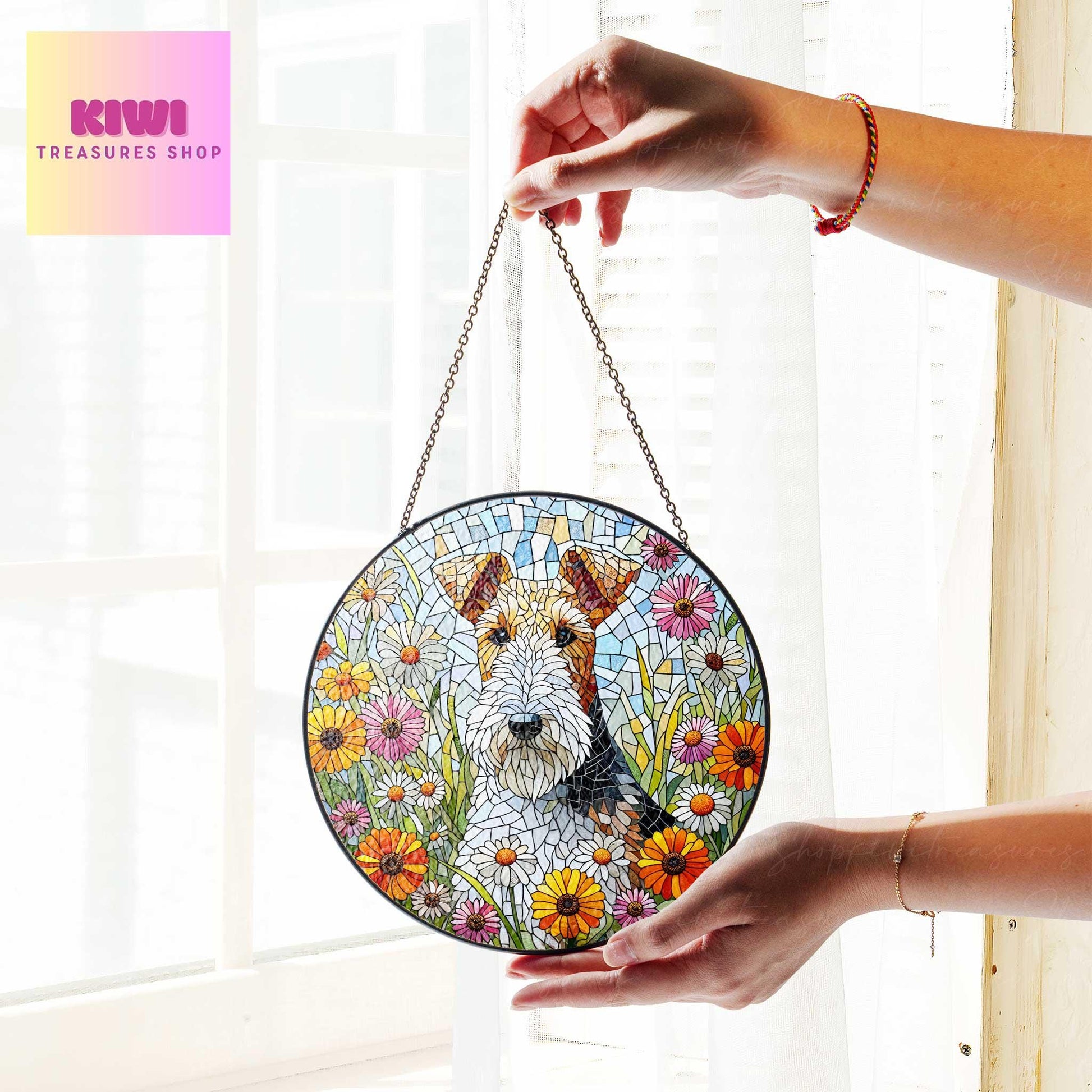 Wire fox terrier among wildflowers GLASS Suncatcher Hanging, wire fox terrier suncatcher hanging, Reading room window hanging