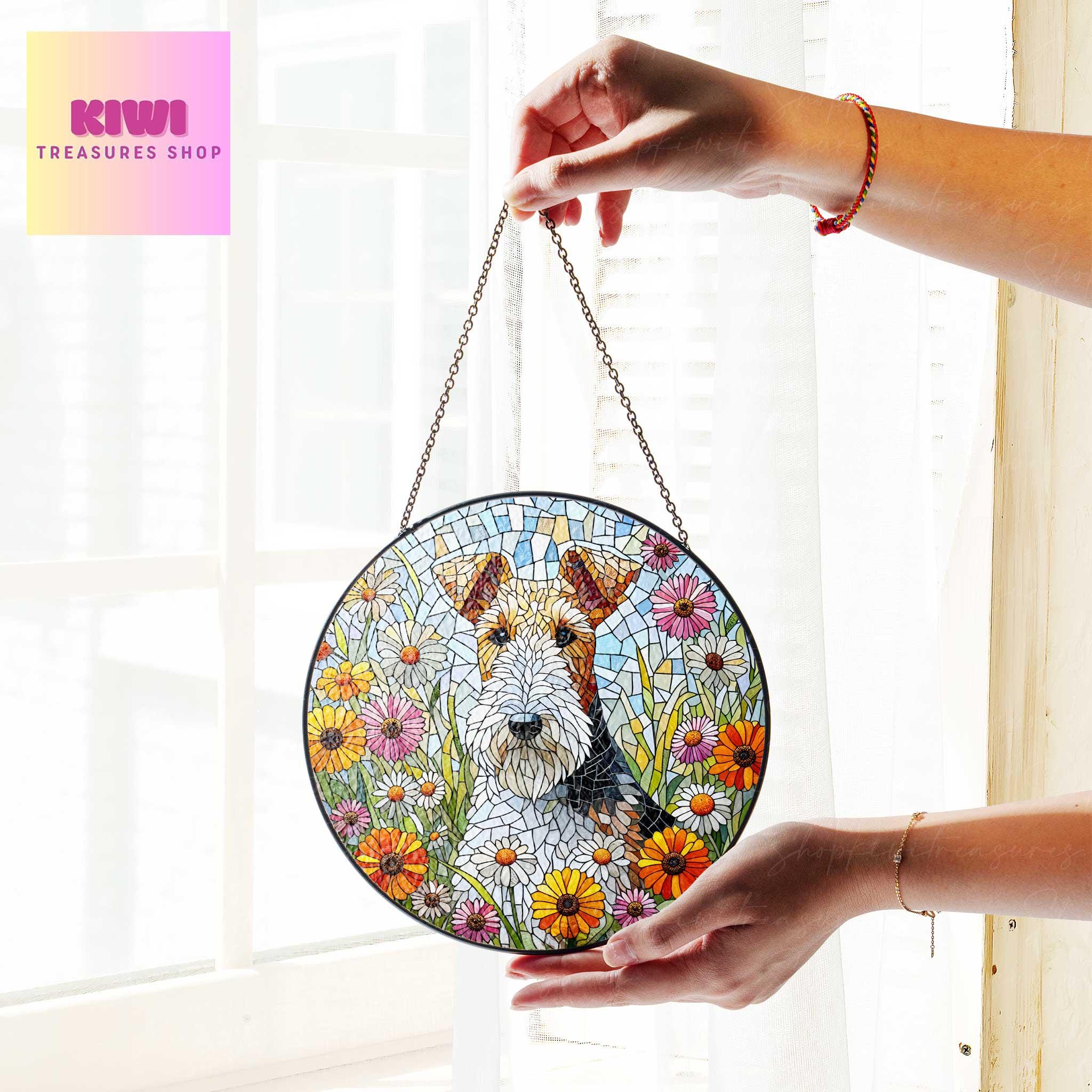 Wire fox terrier among wildflowers GLASS Suncatcher Hanging, wire fox terrier suncatcher hanging, Reading room window hanging