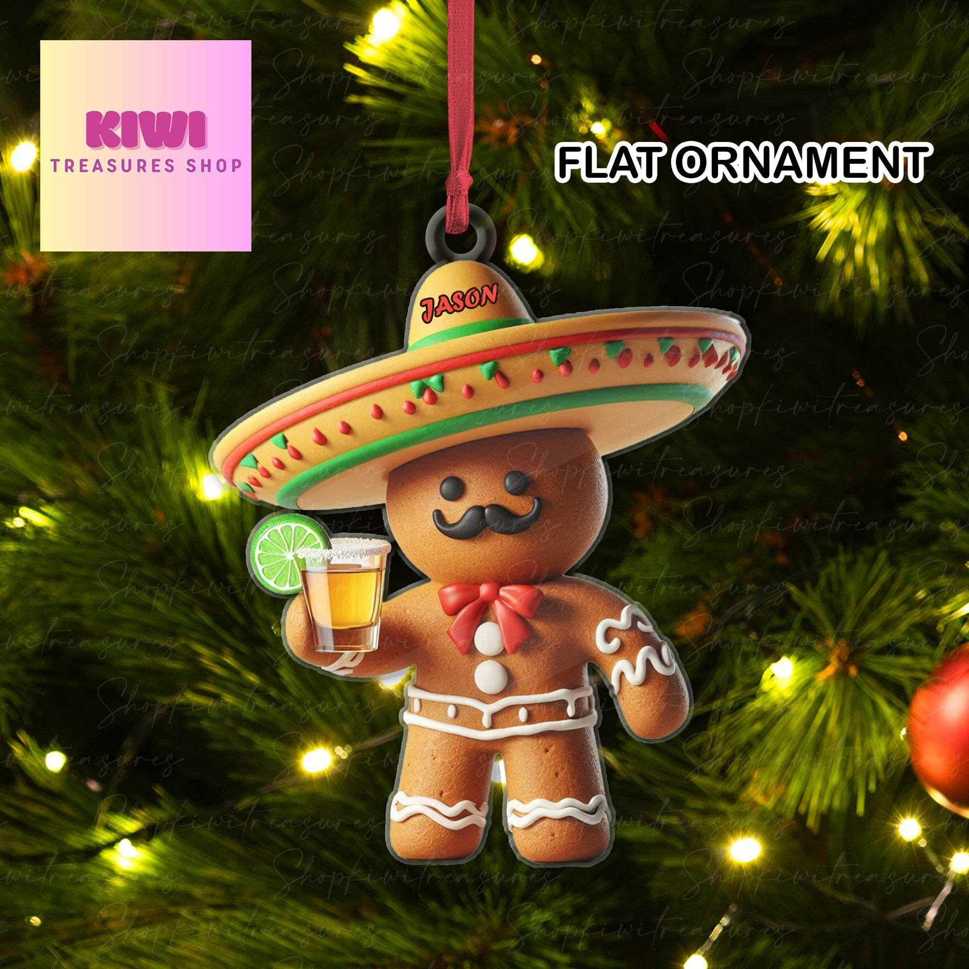 Custom Tequila gingerbread Christmas Ornament, 2d FLAT mexican ornament, Feliz Navidad Ornament, Latin Mexican, Christmas Gift For Mexican
