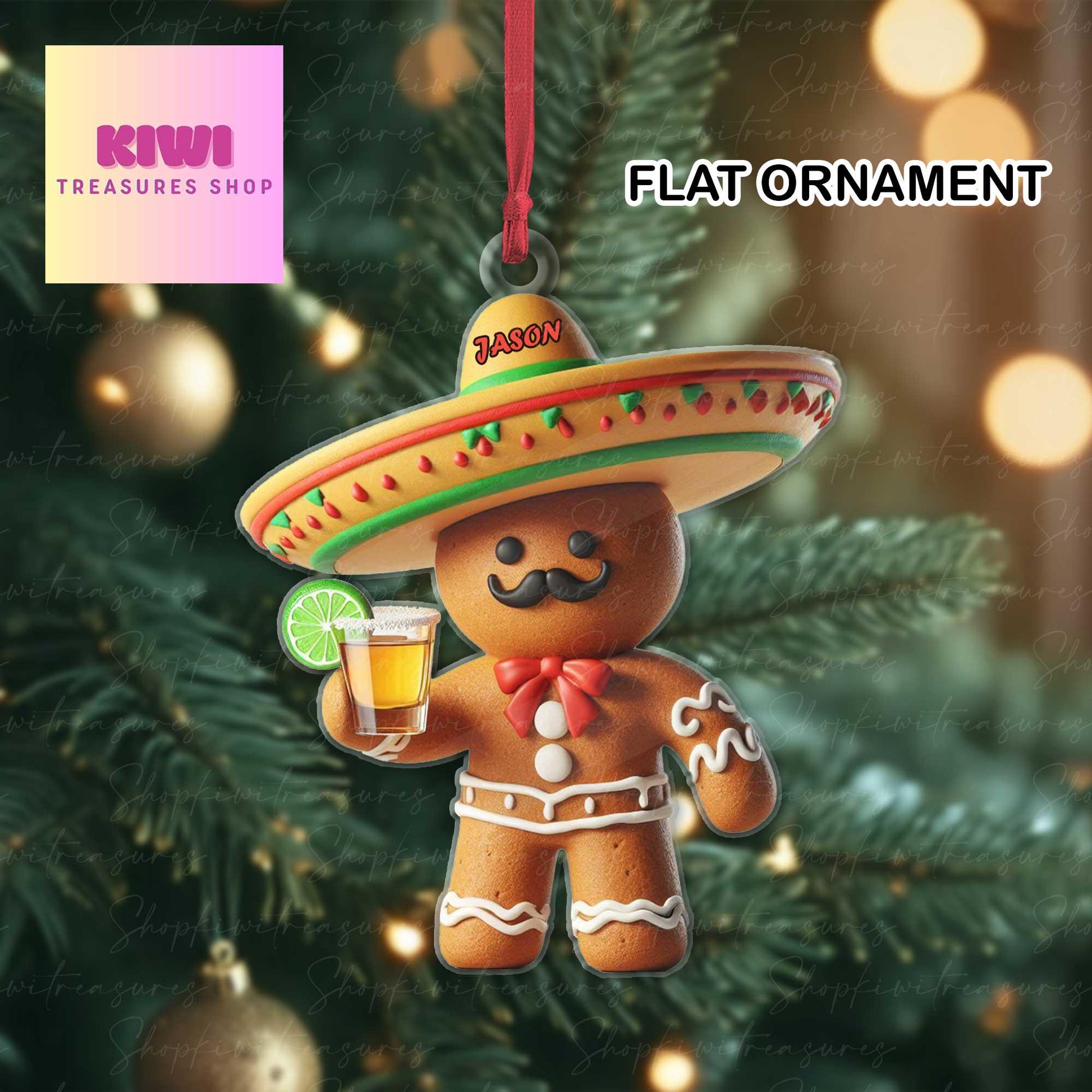 Custom Tequila gingerbread Christmas Ornament, 2d FLAT mexican ornament, Feliz Navidad Ornament, Latin Mexican, Christmas Gift For Mexican