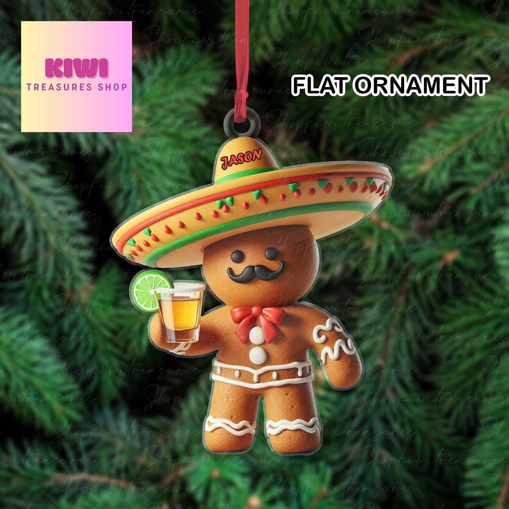 Custom Tequila gingerbread Christmas Ornament, 2d FLAT mexican ornament, Feliz Navidad Ornament, Latin Mexican, Christmas Gift For Mexican